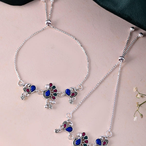 VOJ Set of 2 Silver-Plated Peacock Shaped Stone Studded Anklet - Distacart