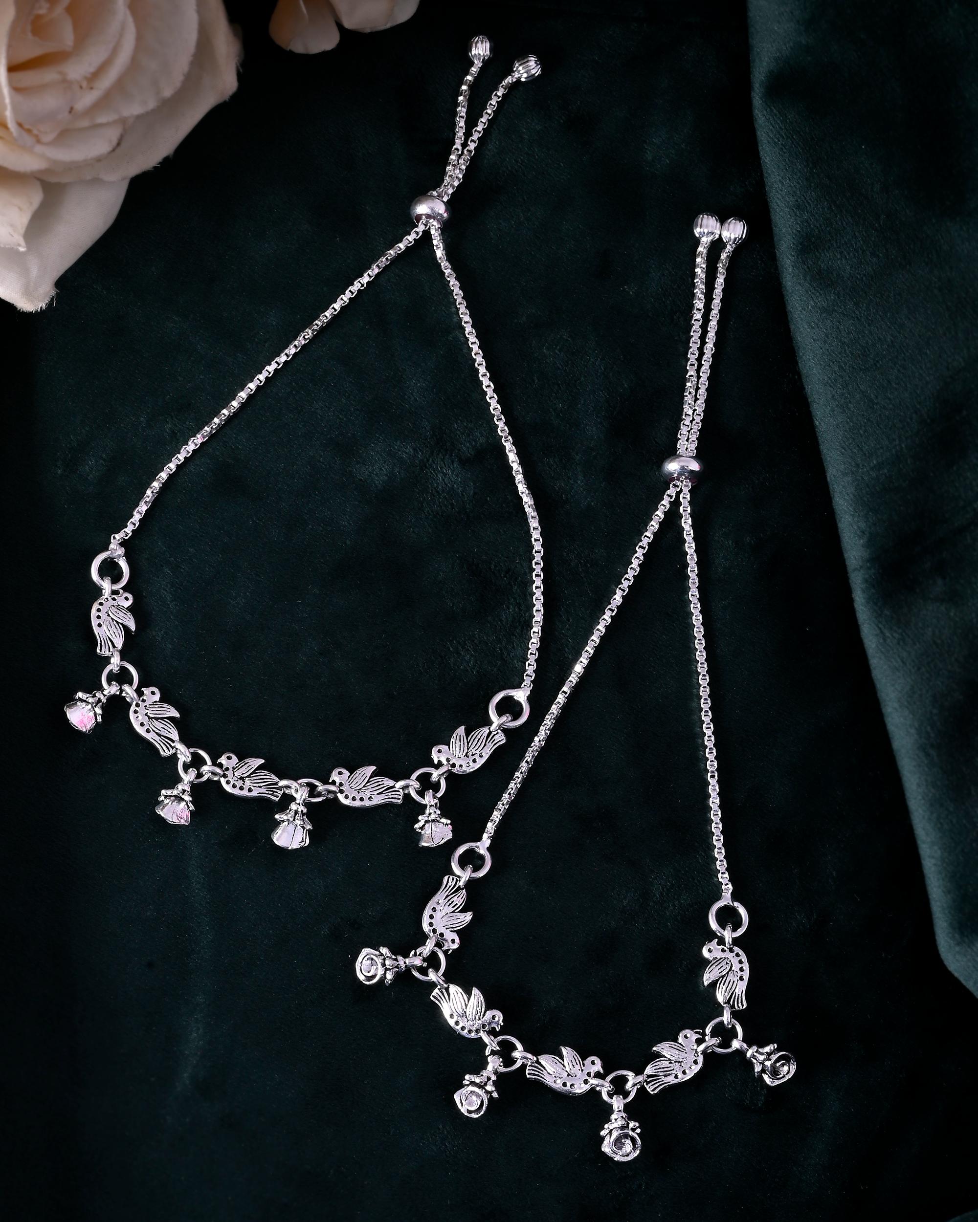 VOJ Set of 2 Silver Plated Bird And Rose Shaped Anklet - Distacart