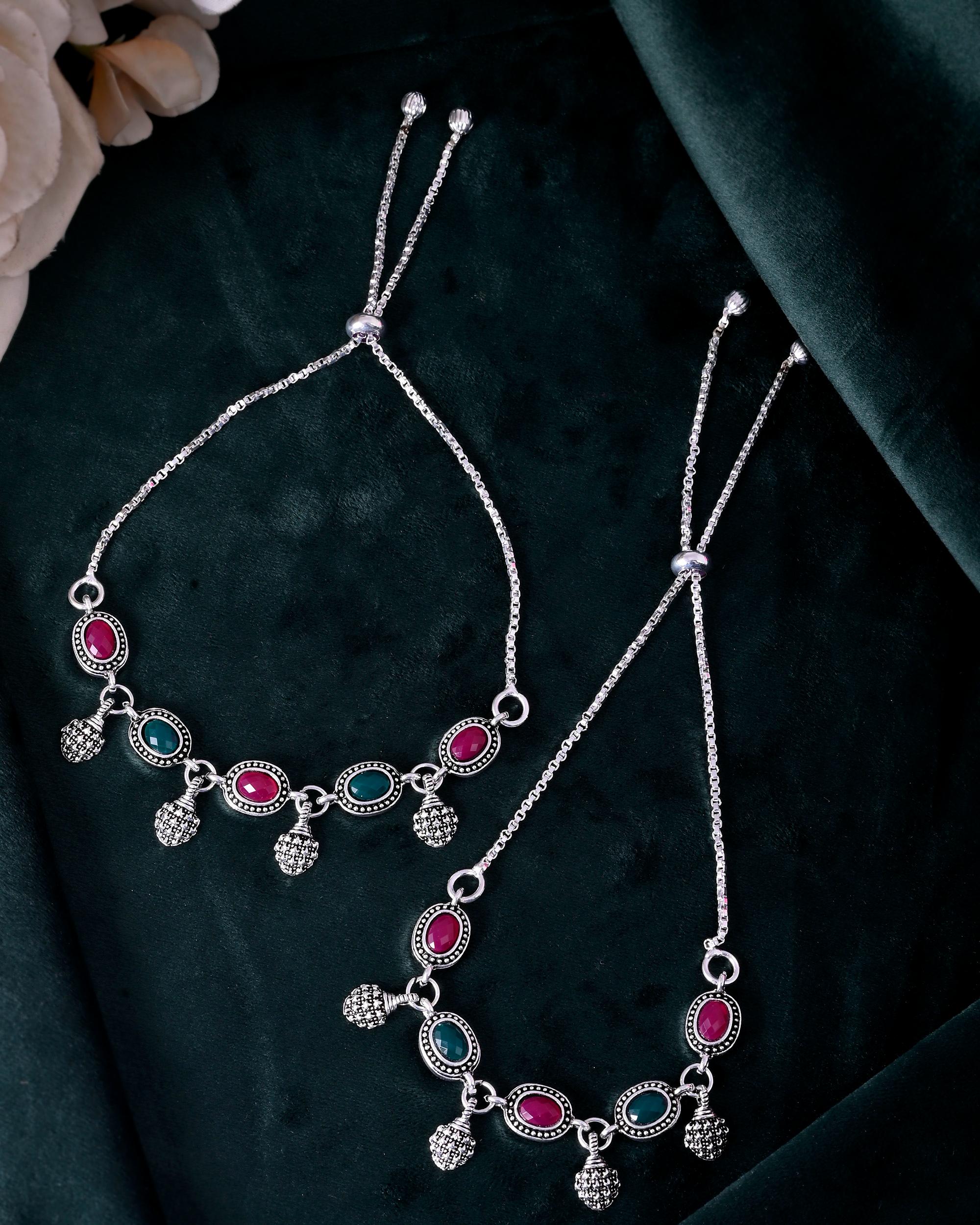 VOJ Set of 2 Silver-Plated Artificial Stones Studded Anklet - Distacart