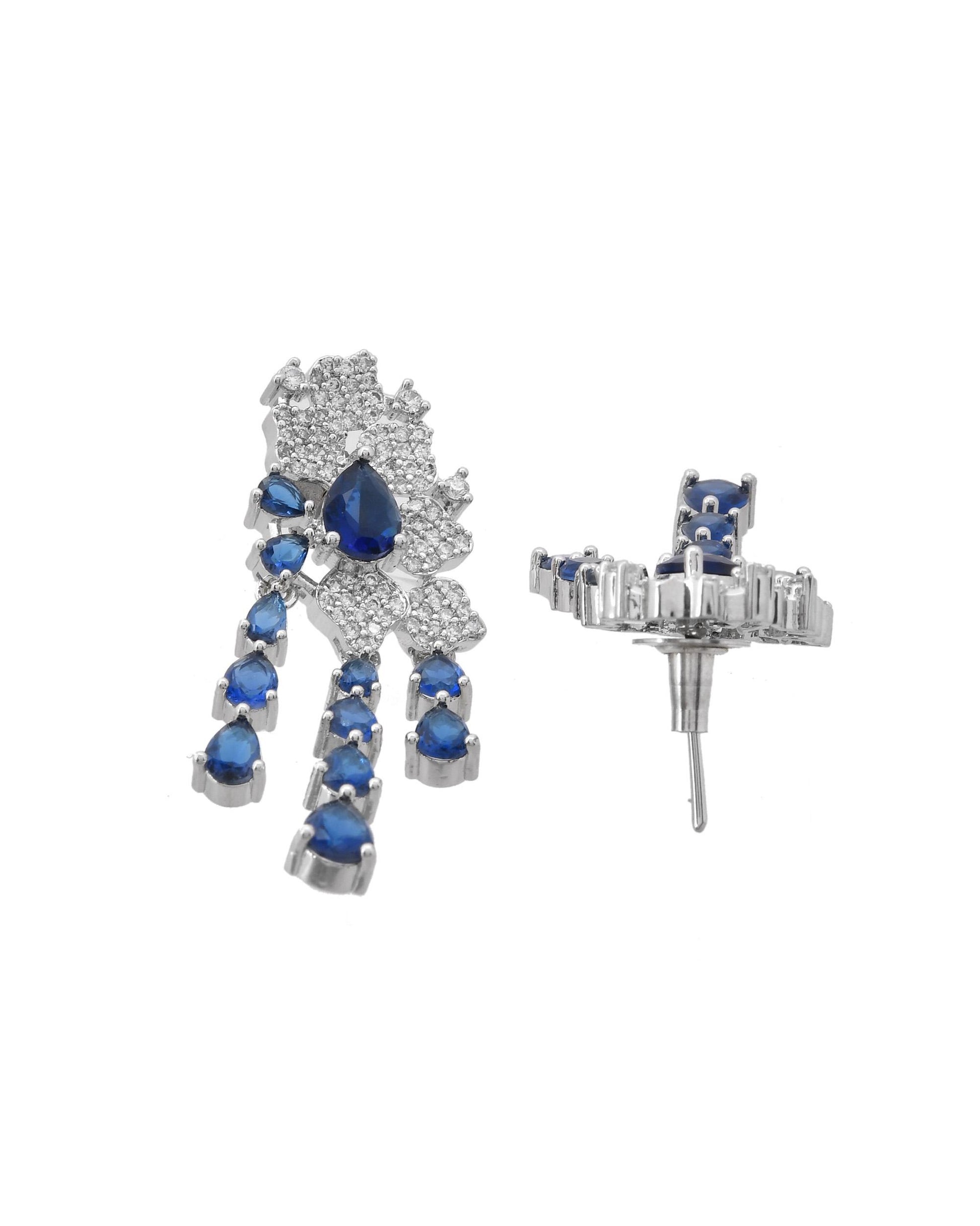 VOJ Silver Plated Ad And Blue Stone Studded Multi Layer Drop Earrings - Distacart