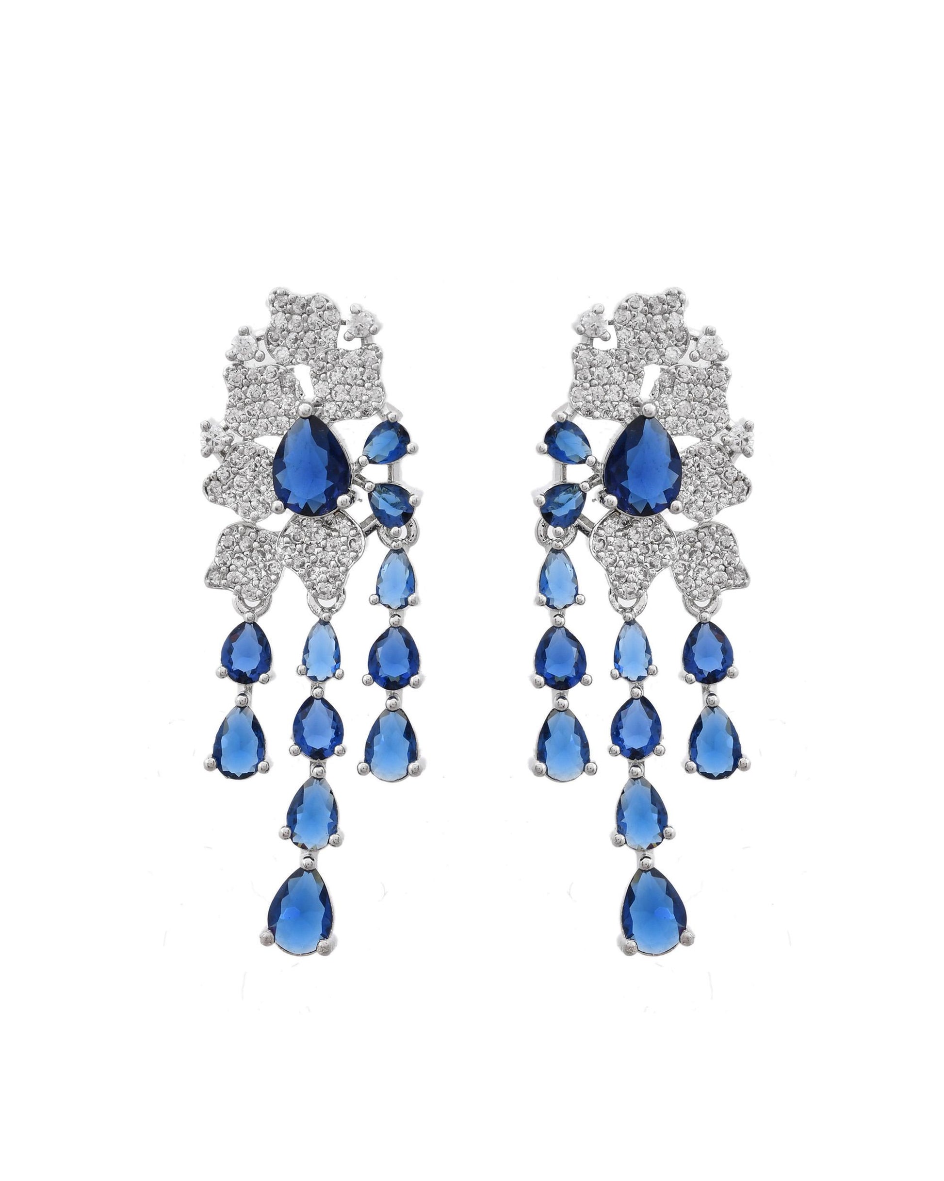VOJ Silver Plated Ad And Blue Stone Studded Multi Layer Drop Earrings - Distacart