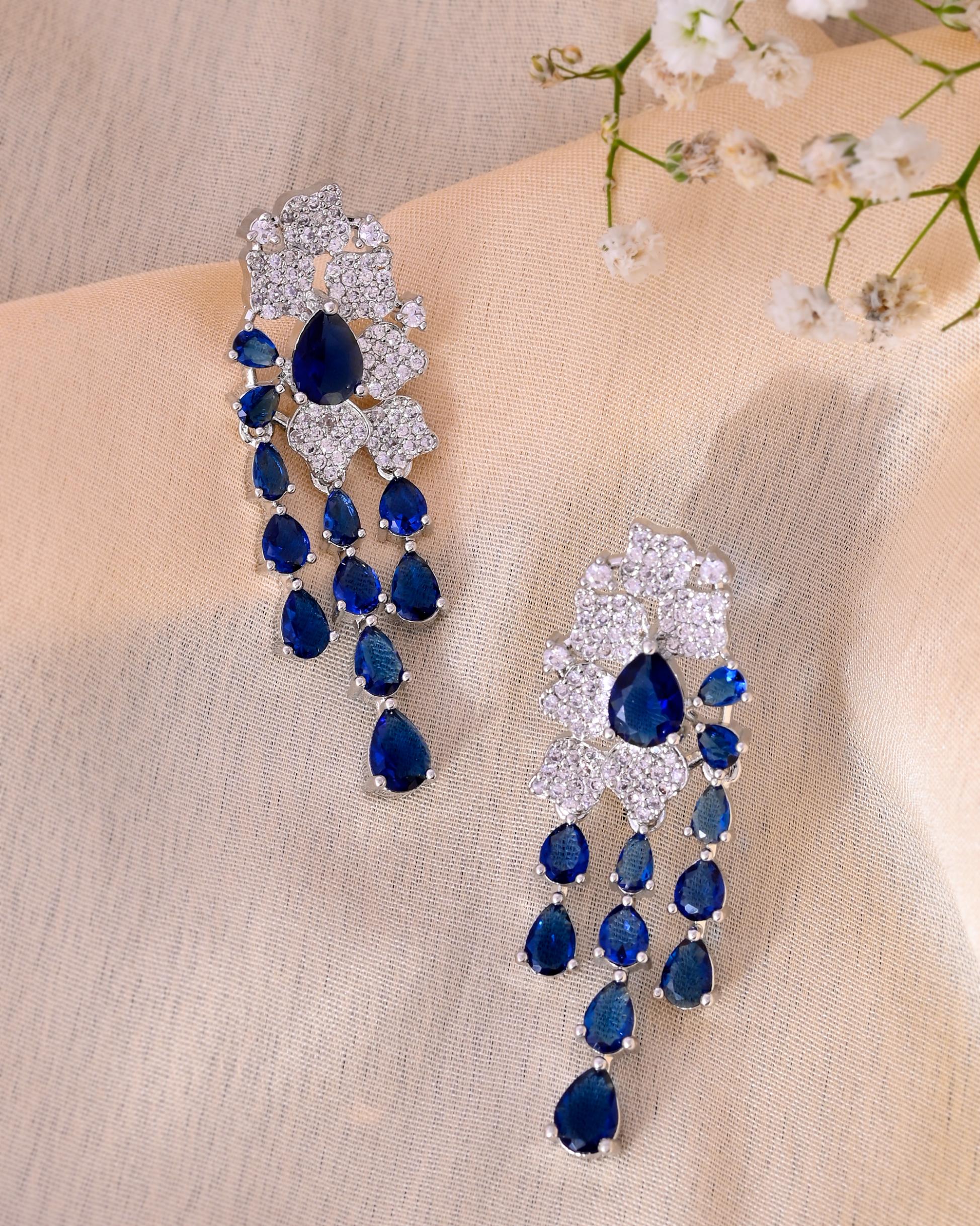 VOJ Silver Plated Ad And Blue Stone Studded Multi Layer Drop Earrings - Distacart