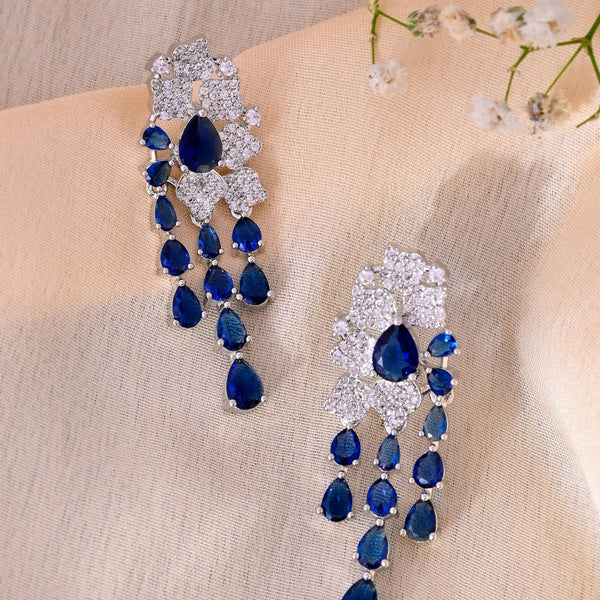 VOJ Silver Plated Ad And Blue Stone Studded Multi Layer Drop Earrings - Distacart
