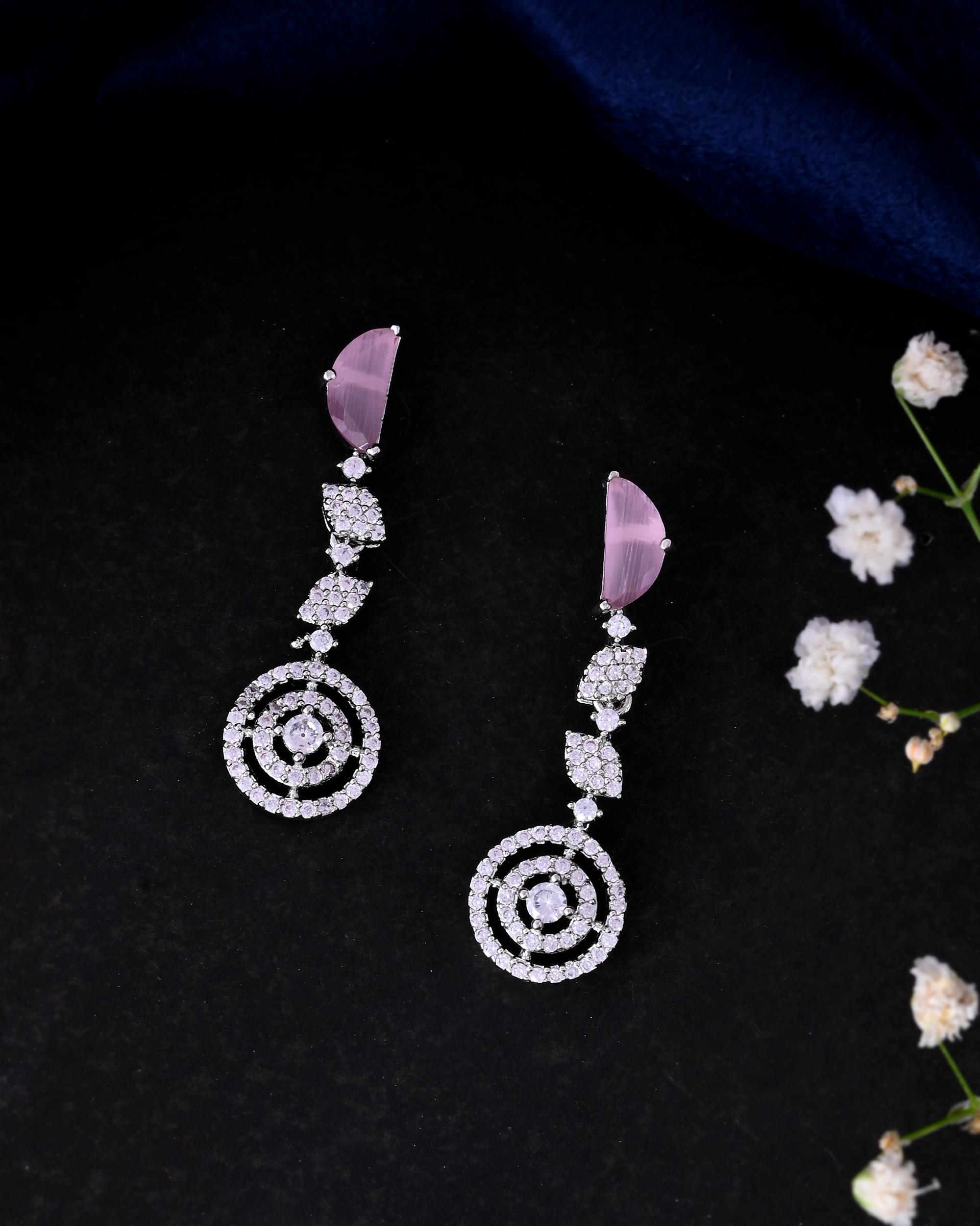 VOJ Silver Plated Pink And Ad Stone Studded Drop Earrings - Distacart
