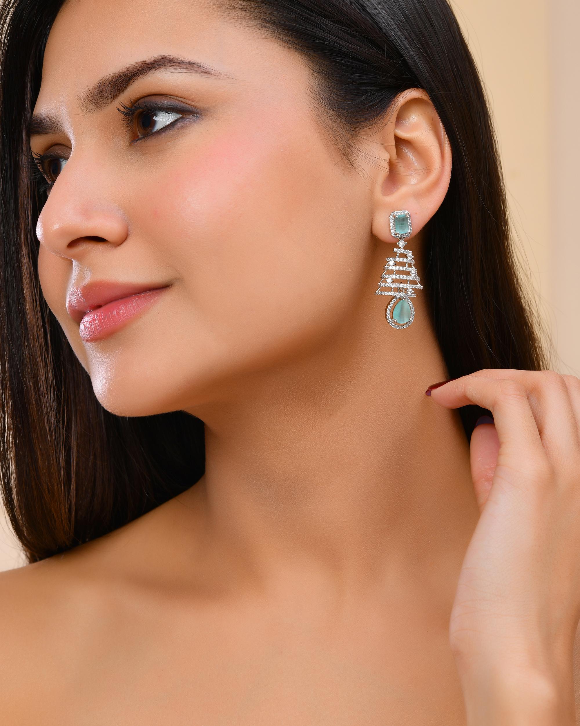 VOJ Silver Plated Mint Green Ad Stone Studded Dome Shaped Earrings - Distacart