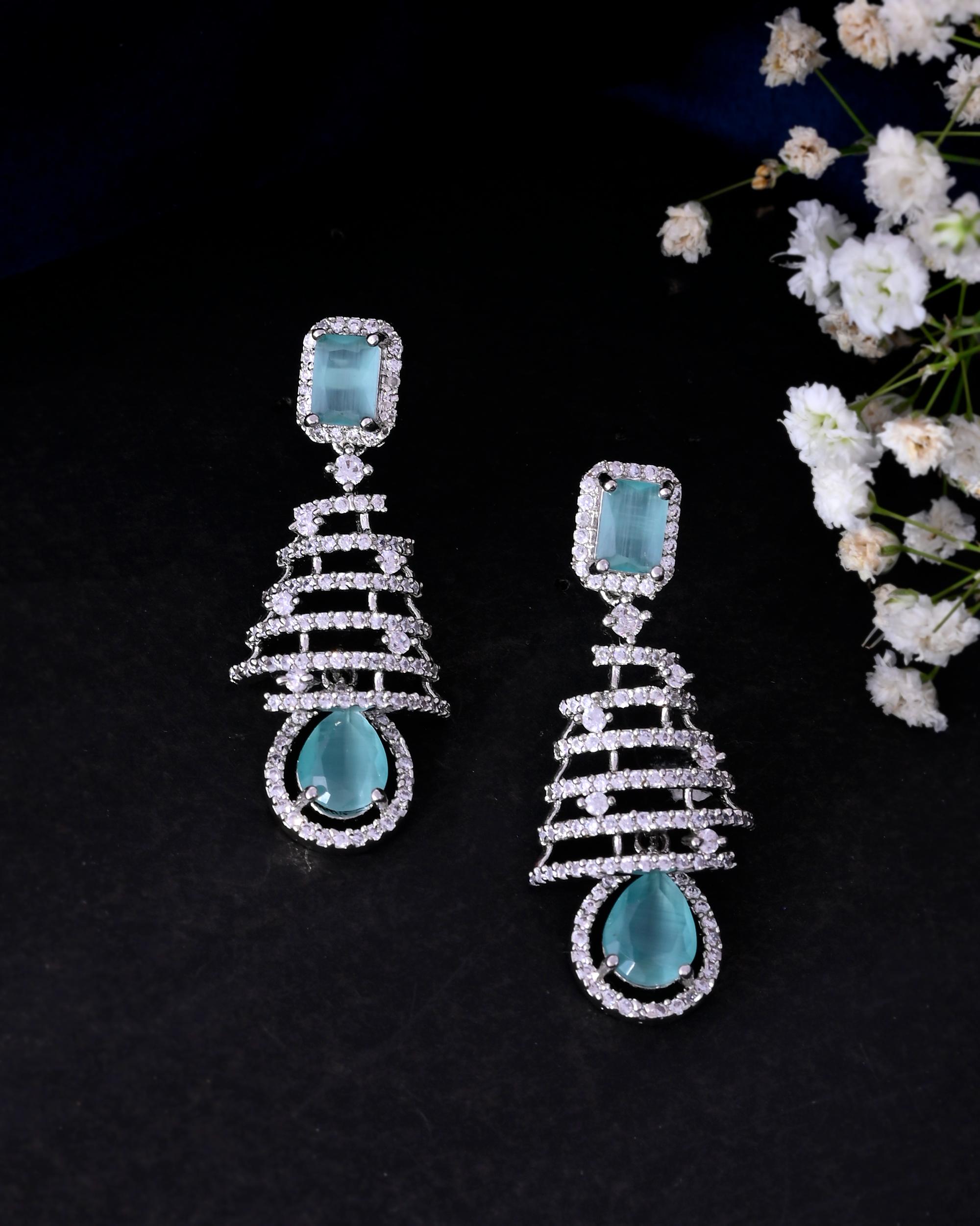 VOJ Silver Plated Mint Green Ad Stone Studded Dome Shaped Earrings - Distacart