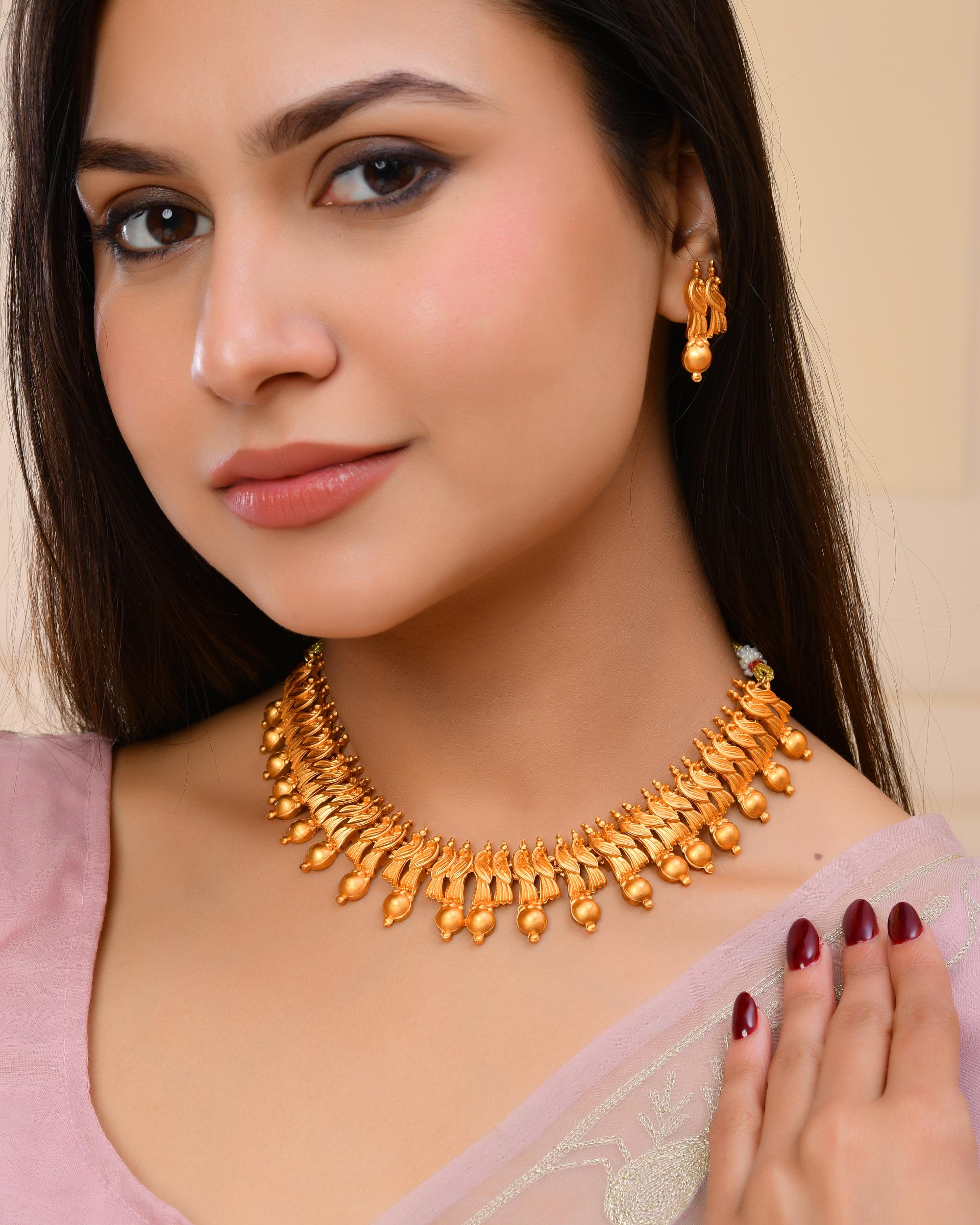 VOJ Gold-Polished Designer Necklace With Earrings Set - Distacart