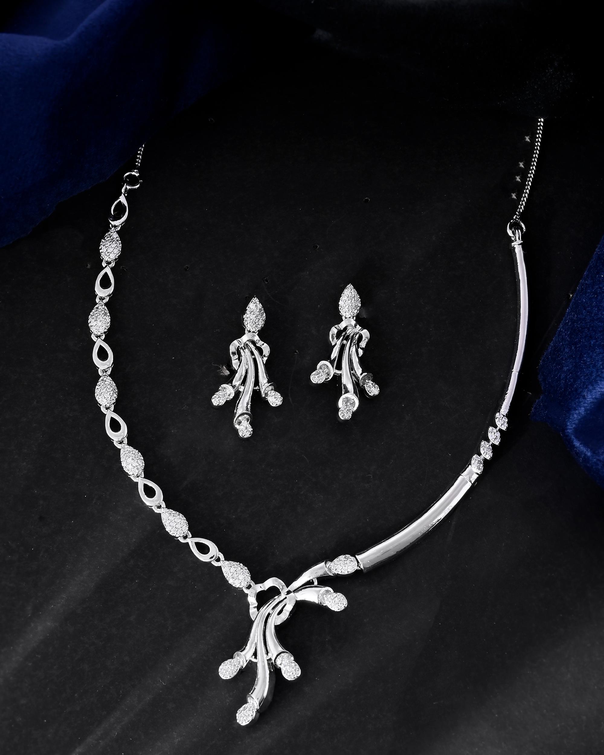 VOJ Silver Plated Ad Stone Studded Designer Necklace With Earrings Set - Distacart