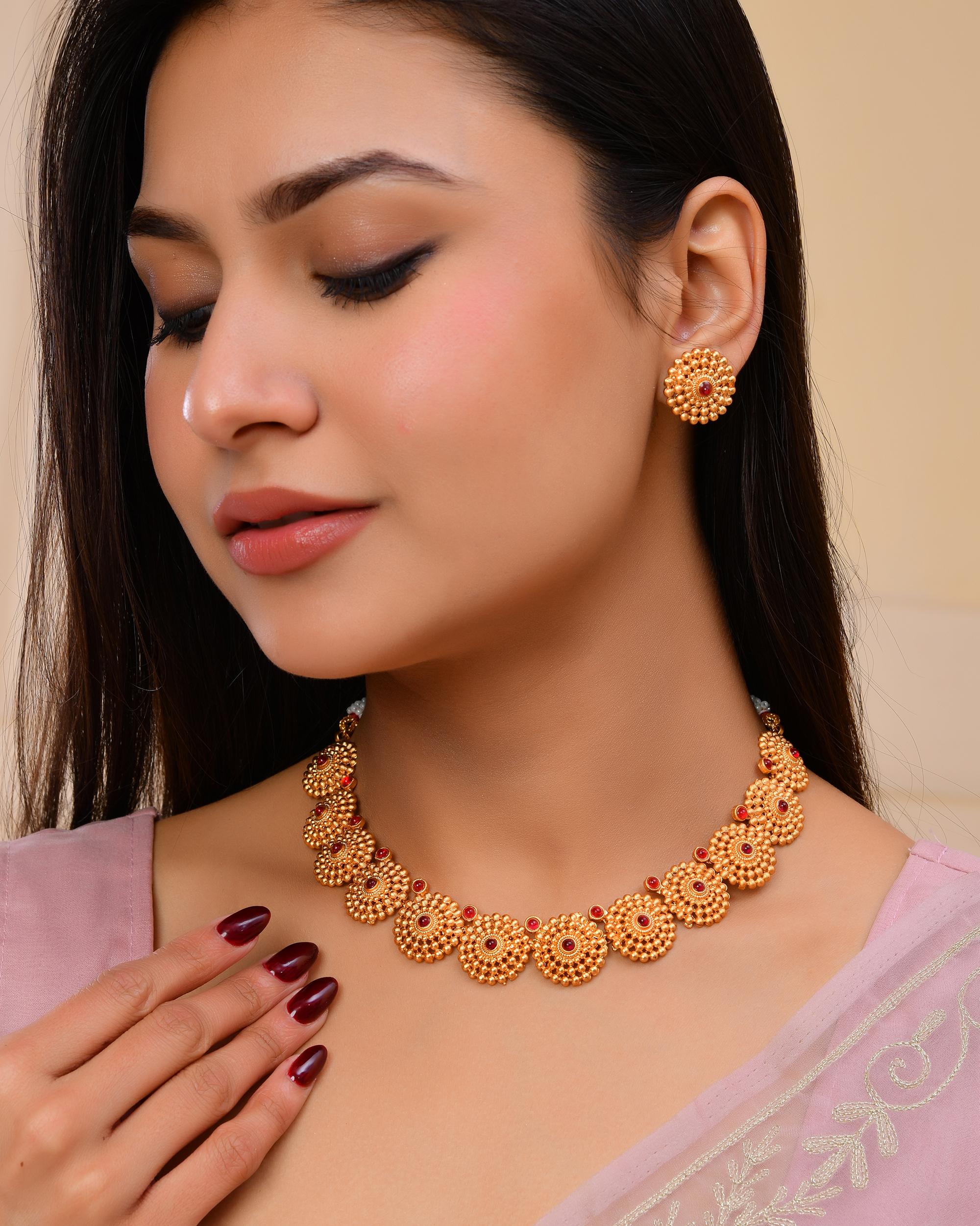 VOJ Gold-Polished Circular Designed Necklace With Earrings Set - Distacart