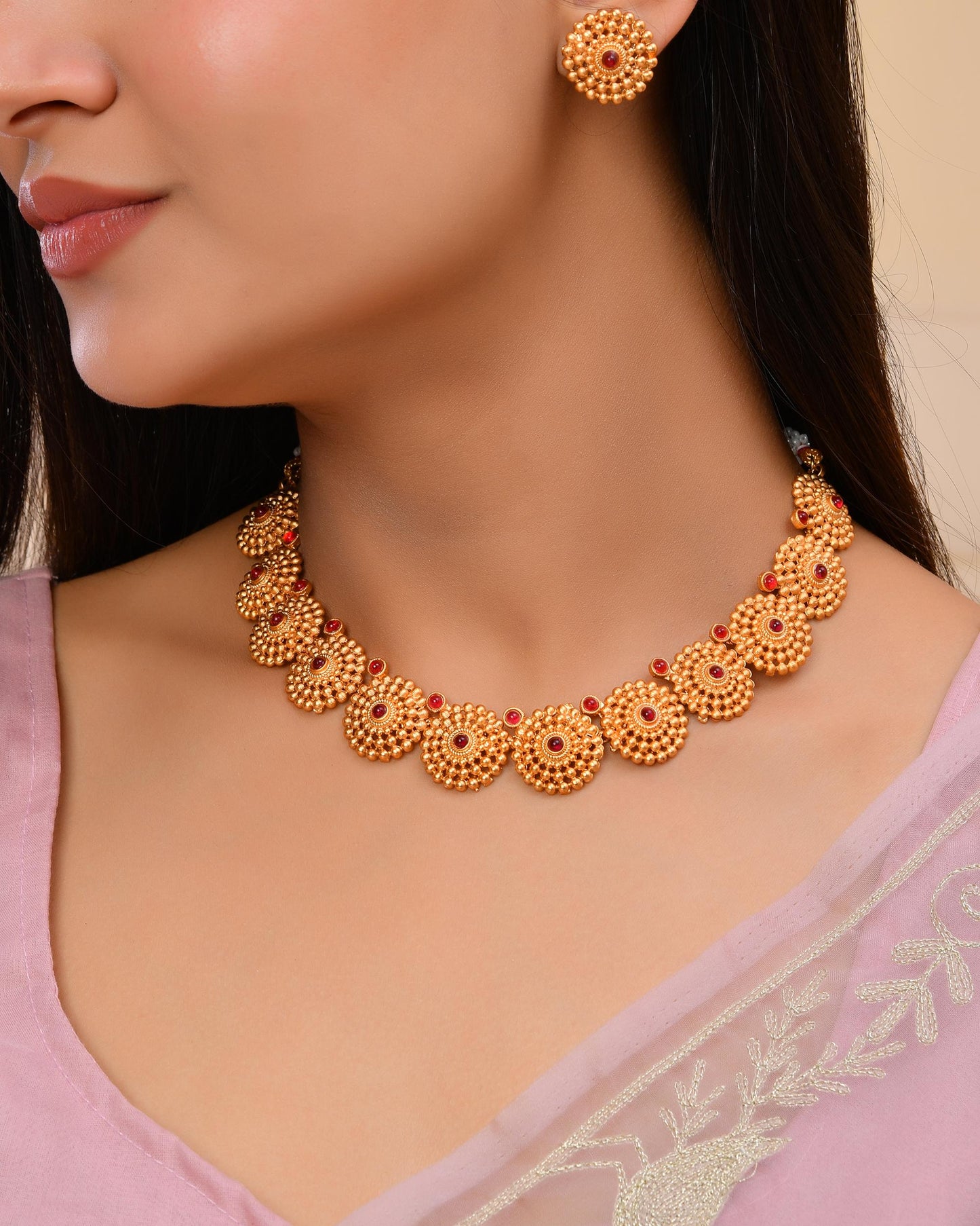 VOJ Gold-Polished Circular Designed Necklace With Earrings Set - Distacart