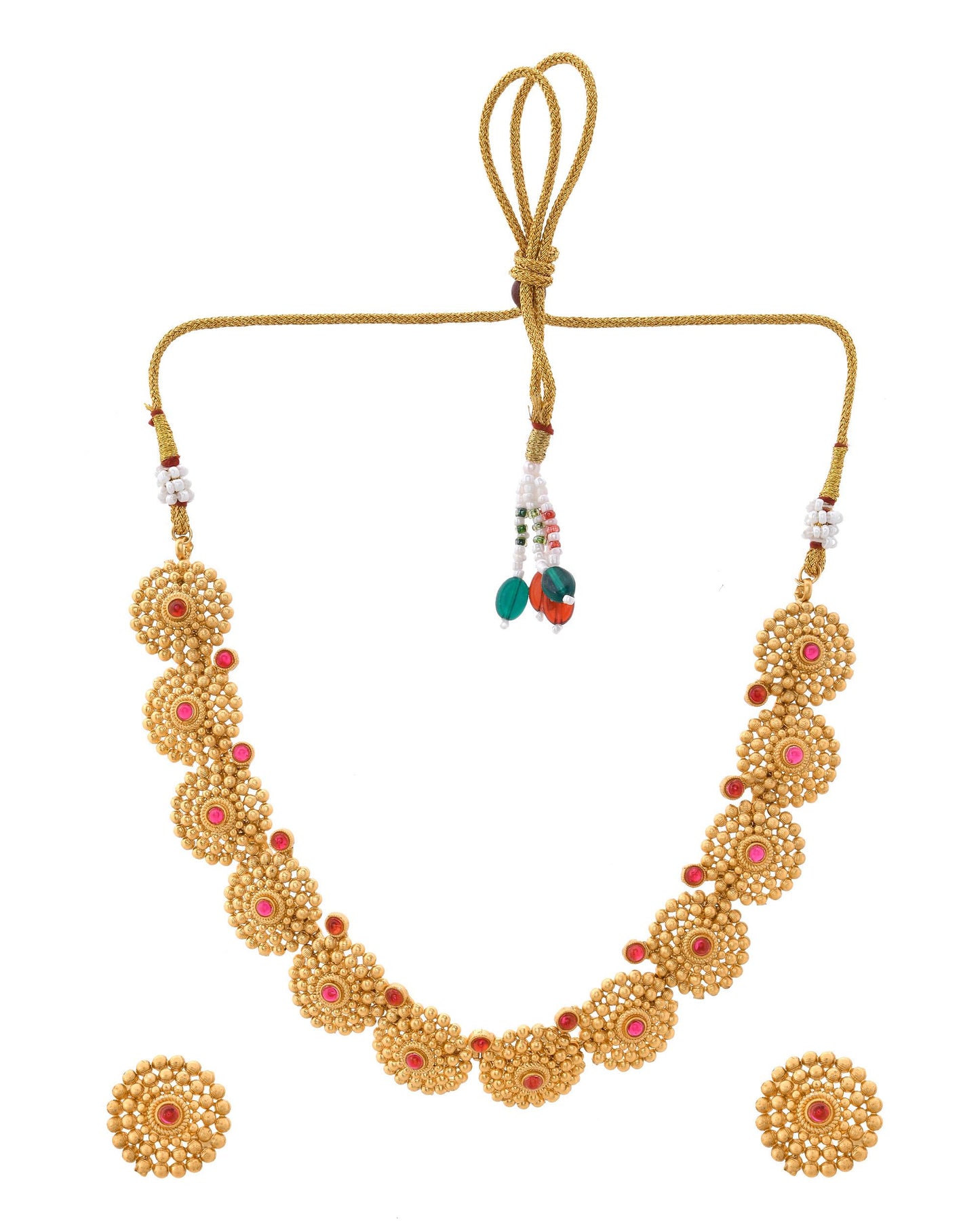 VOJ Gold-Polished Circular Designed Necklace With Earrings Set - Distacart
