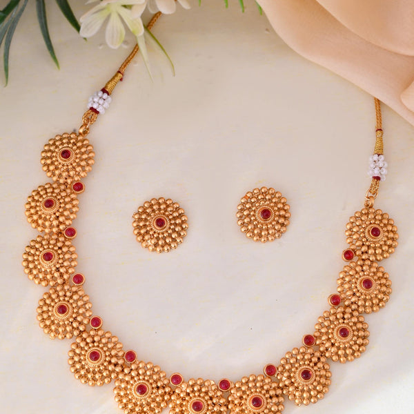 VOJ Gold-Polished Circular Designed Necklace With Earrings Set - Distacart