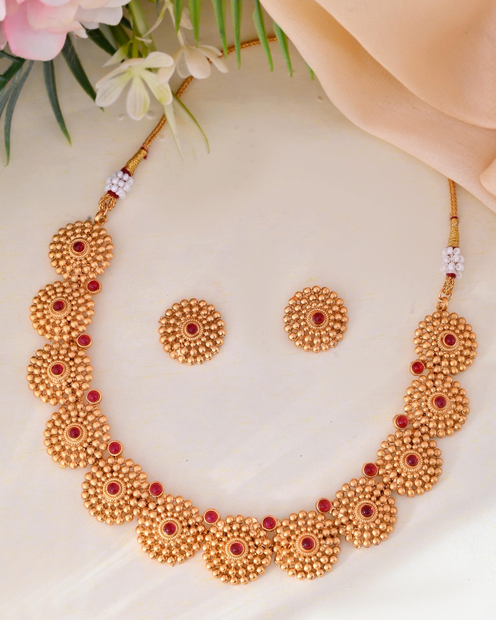 VOJ Gold-Polished Circular Designed Necklace With Earrings Set - Distacart