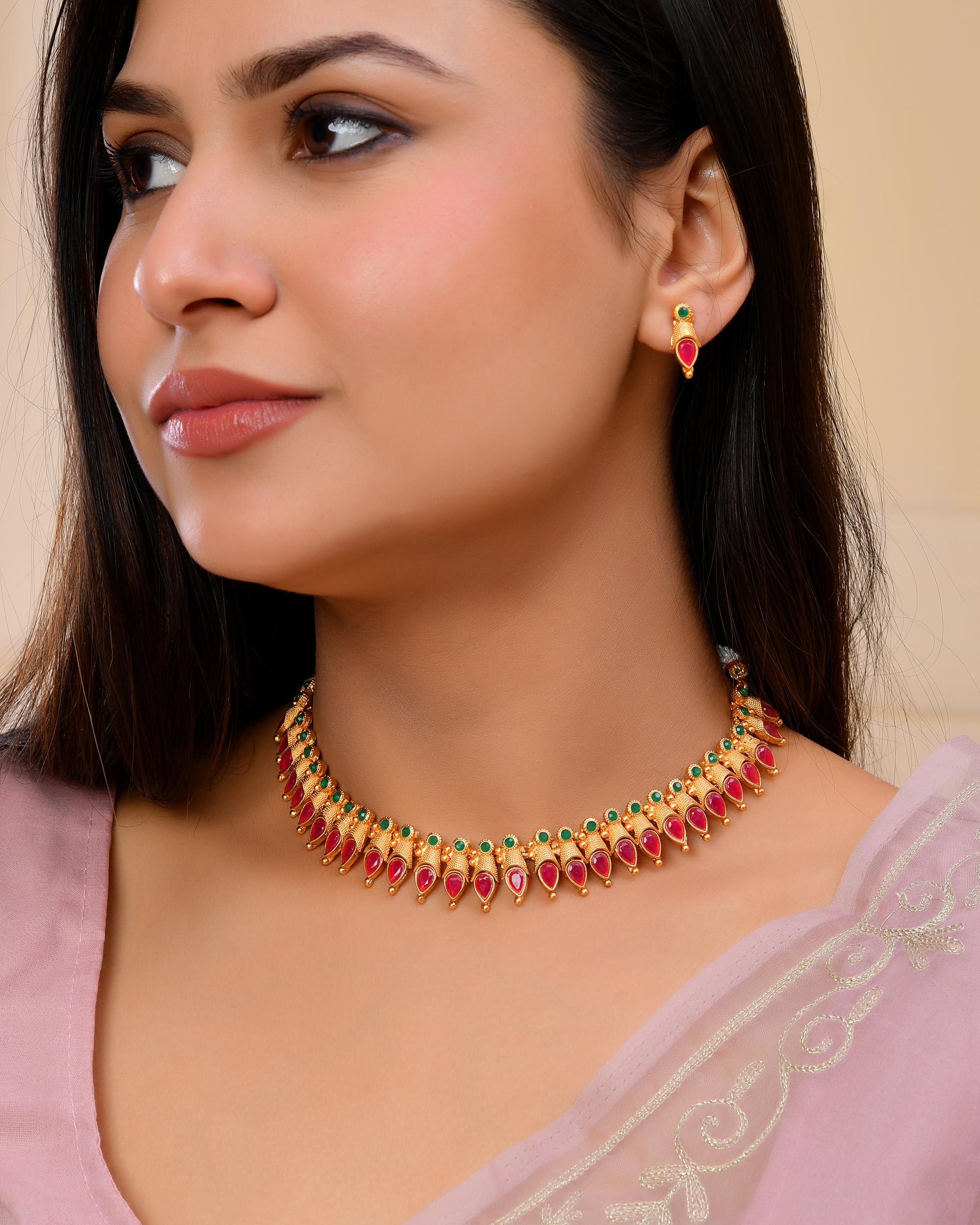 VOJ Gold-Polished Teardrop Shaped Designed Necklace With Earrings Set - Distacart