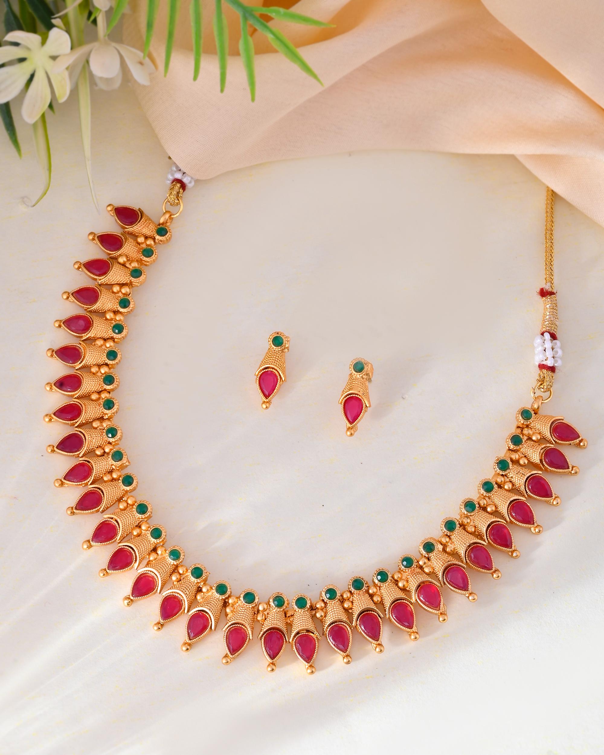 VOJ Gold-Polished Teardrop Shaped Designed Necklace With Earrings Set - Distacart