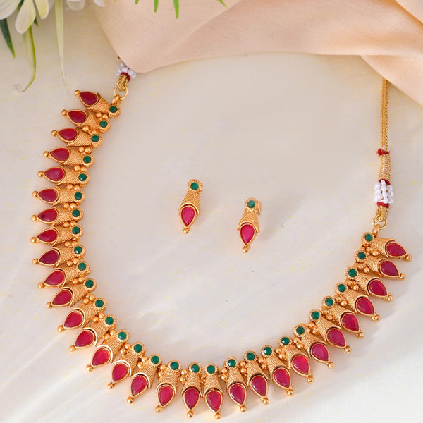 VOJ Gold-Polished Teardrop Shaped Designed Necklace With Earrings Set - Distacart