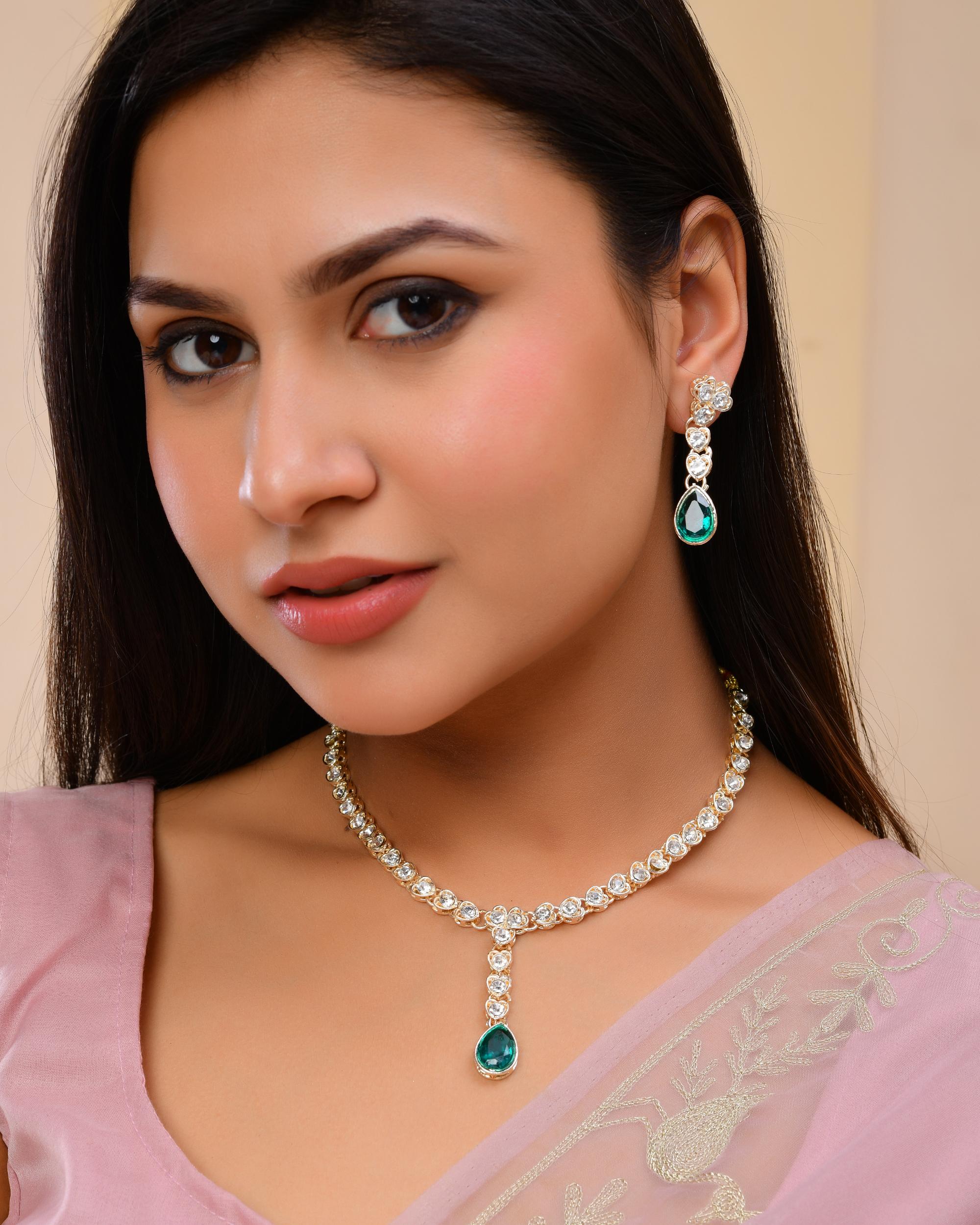 VOJ Silver Plated Green Stone Studded Necklace And Earrings Set - Distacart