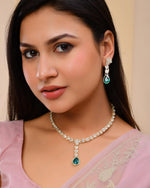 Thumbnail for VOJ Silver Plated Green Stone Studded Necklace And Earrings Set - Distacart