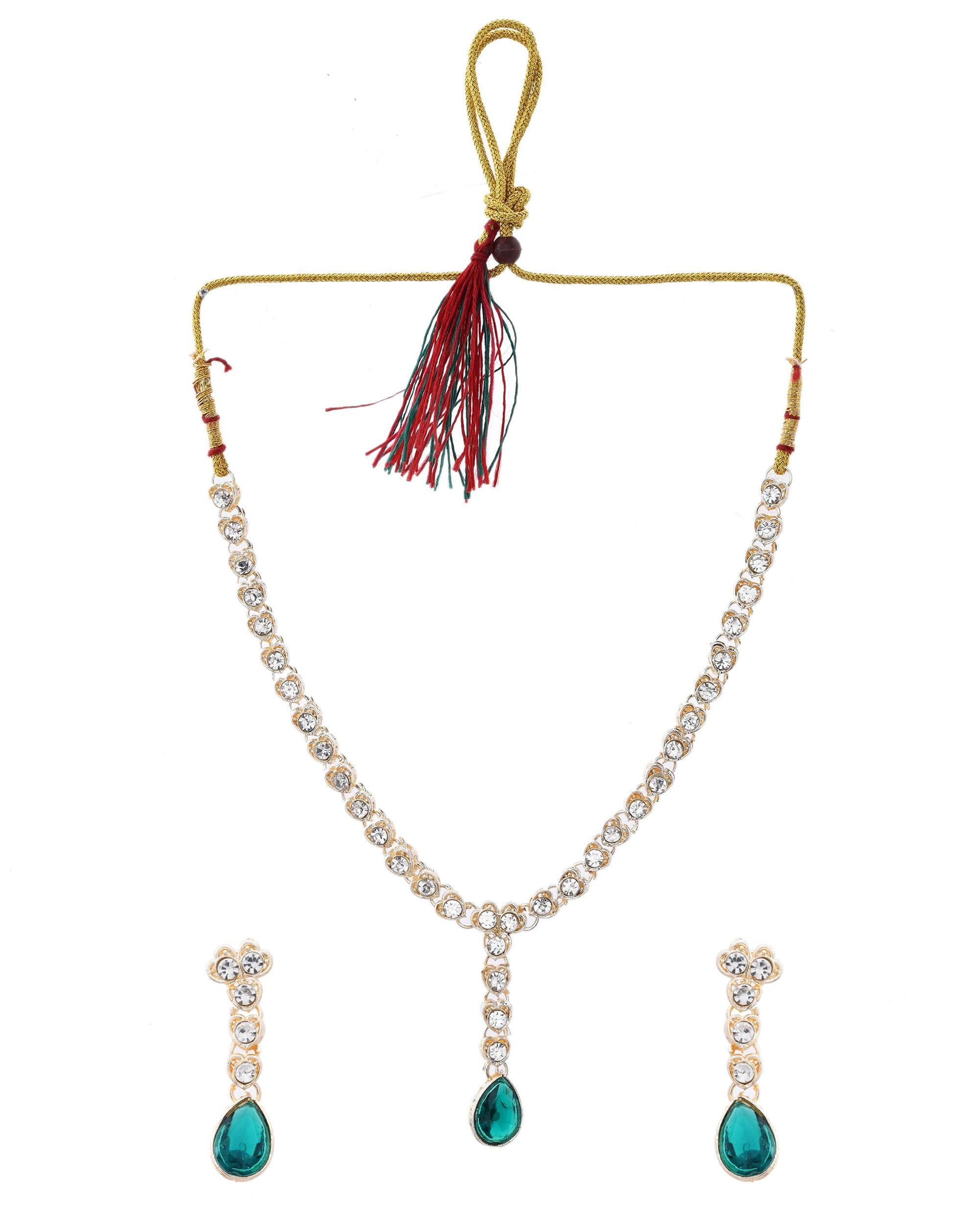 VOJ Silver Plated Green Stone Studded Necklace And Earrings Set - Distacart