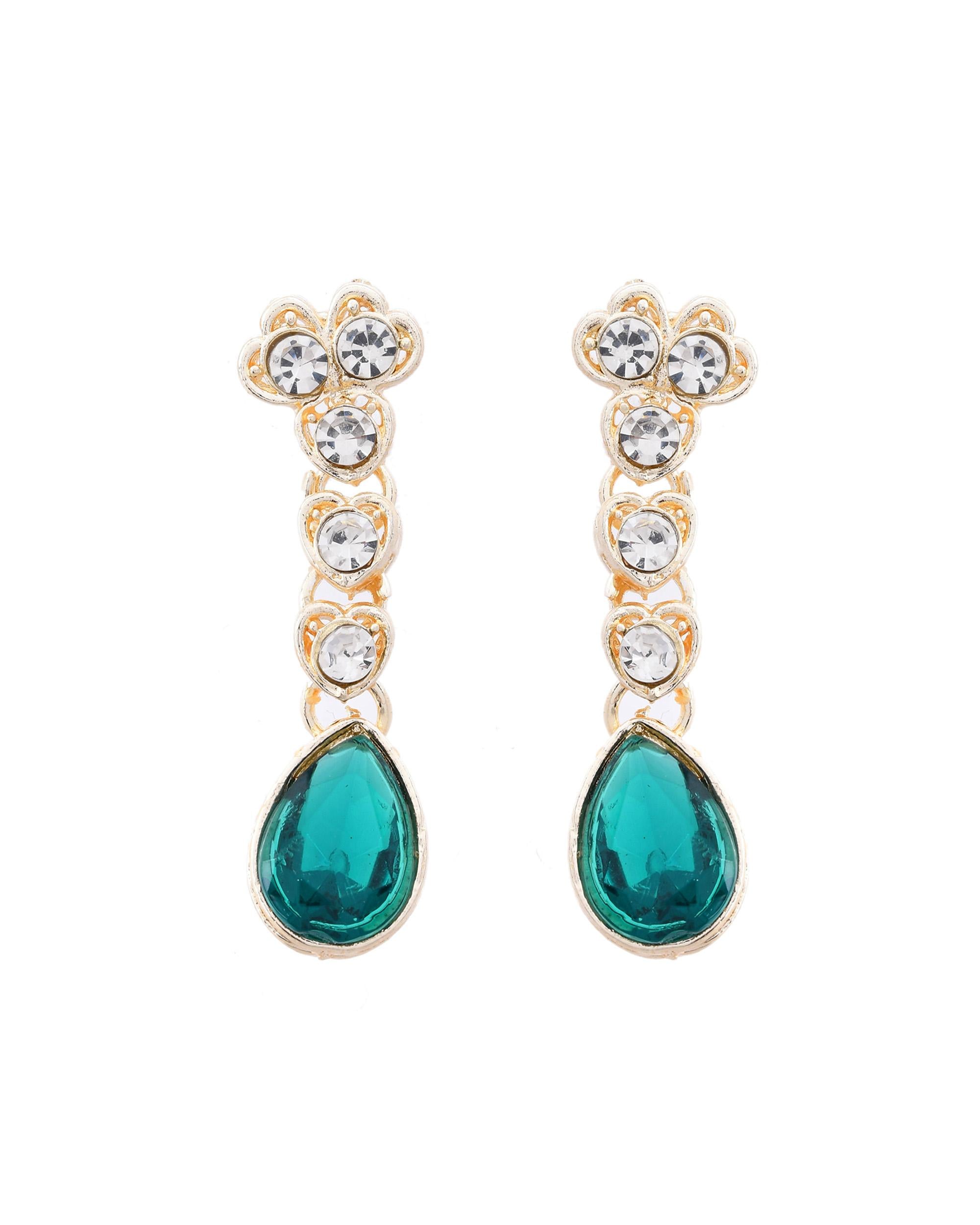 VOJ Silver Plated Green Stone Studded Necklace And Earrings Set - Distacart