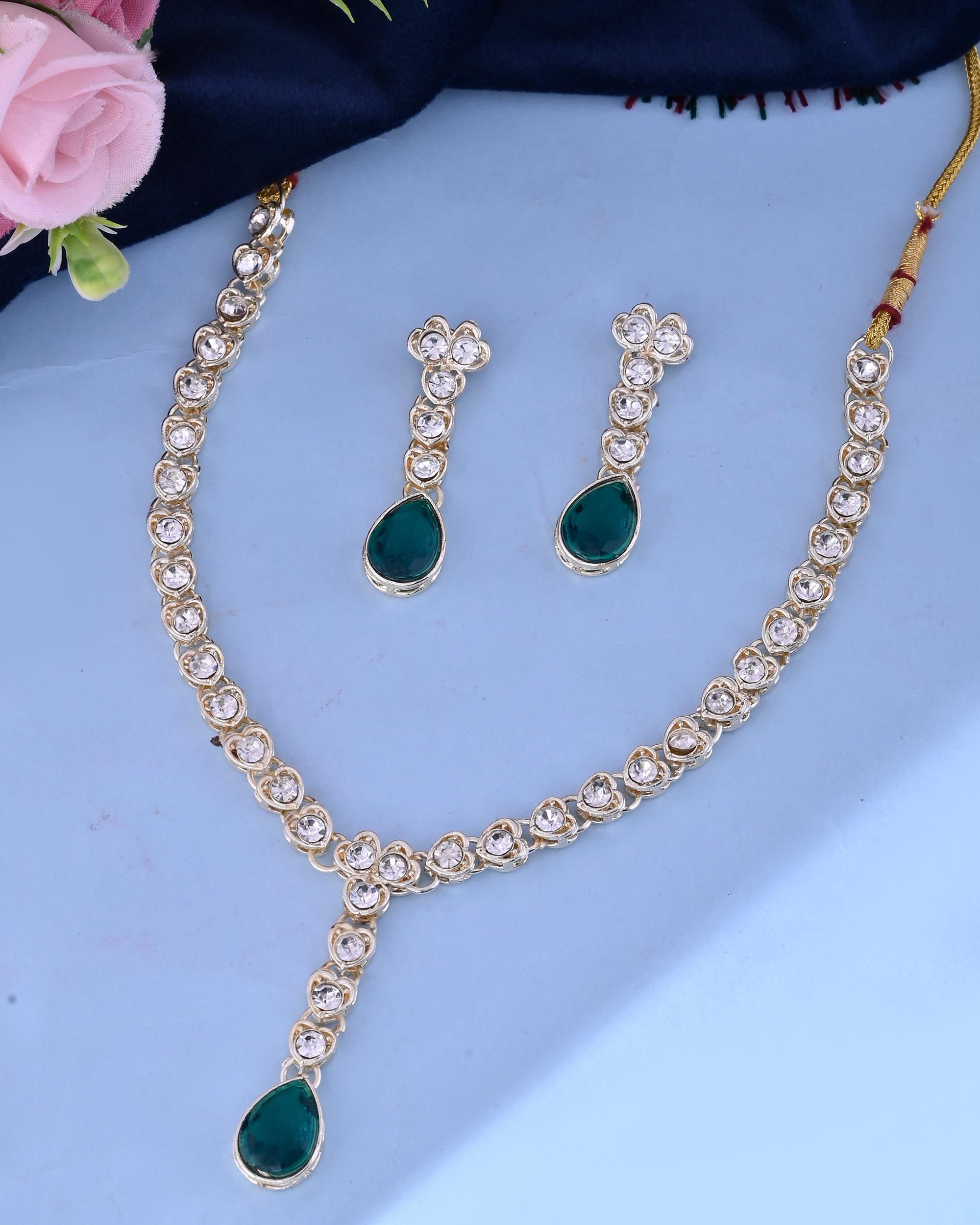 VOJ Silver Plated Green Stone Studded Necklace And Earrings Set - Distacart