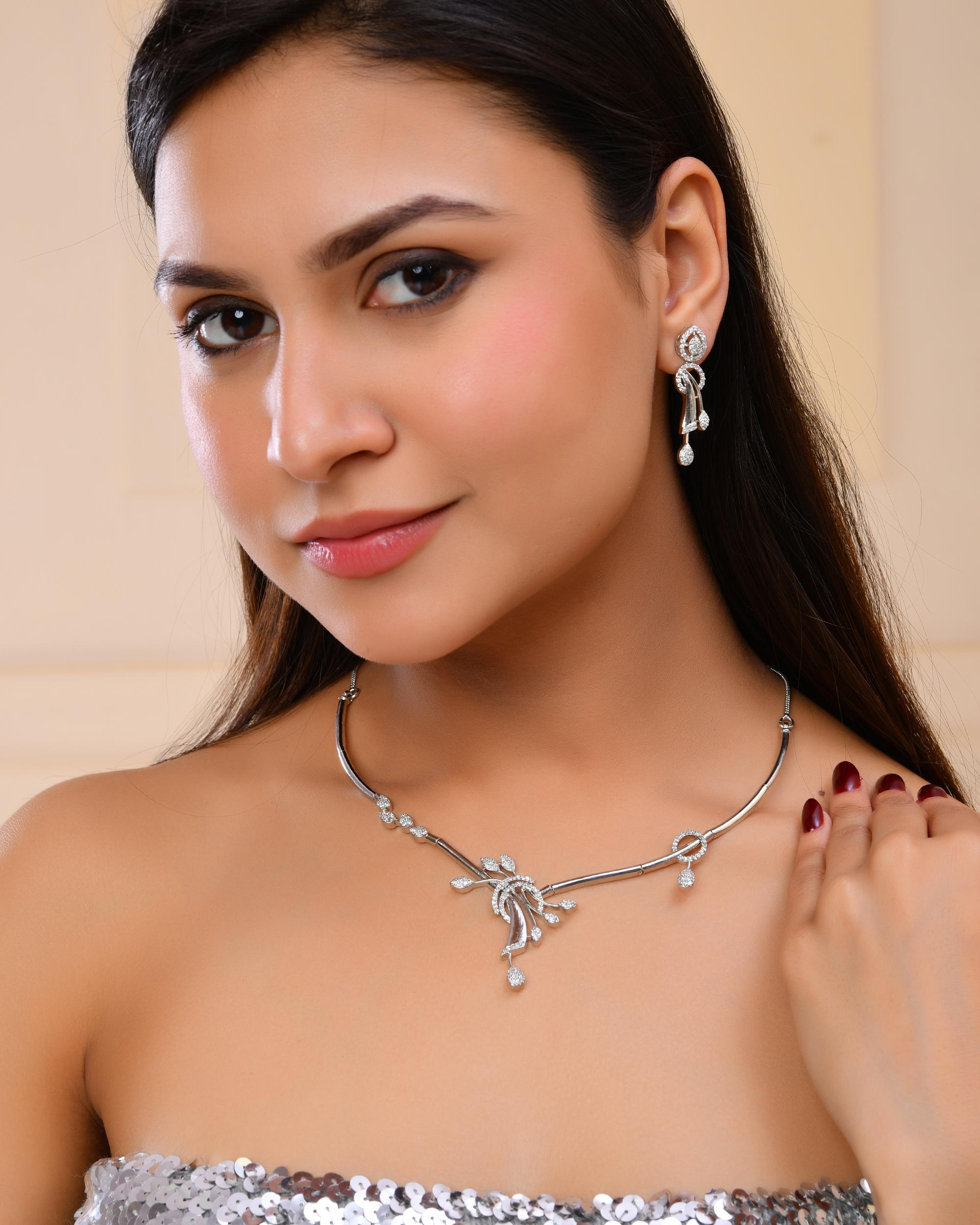 VOJ Silver Toned Stylish Ad- Studded Jewellery Set - Distacart