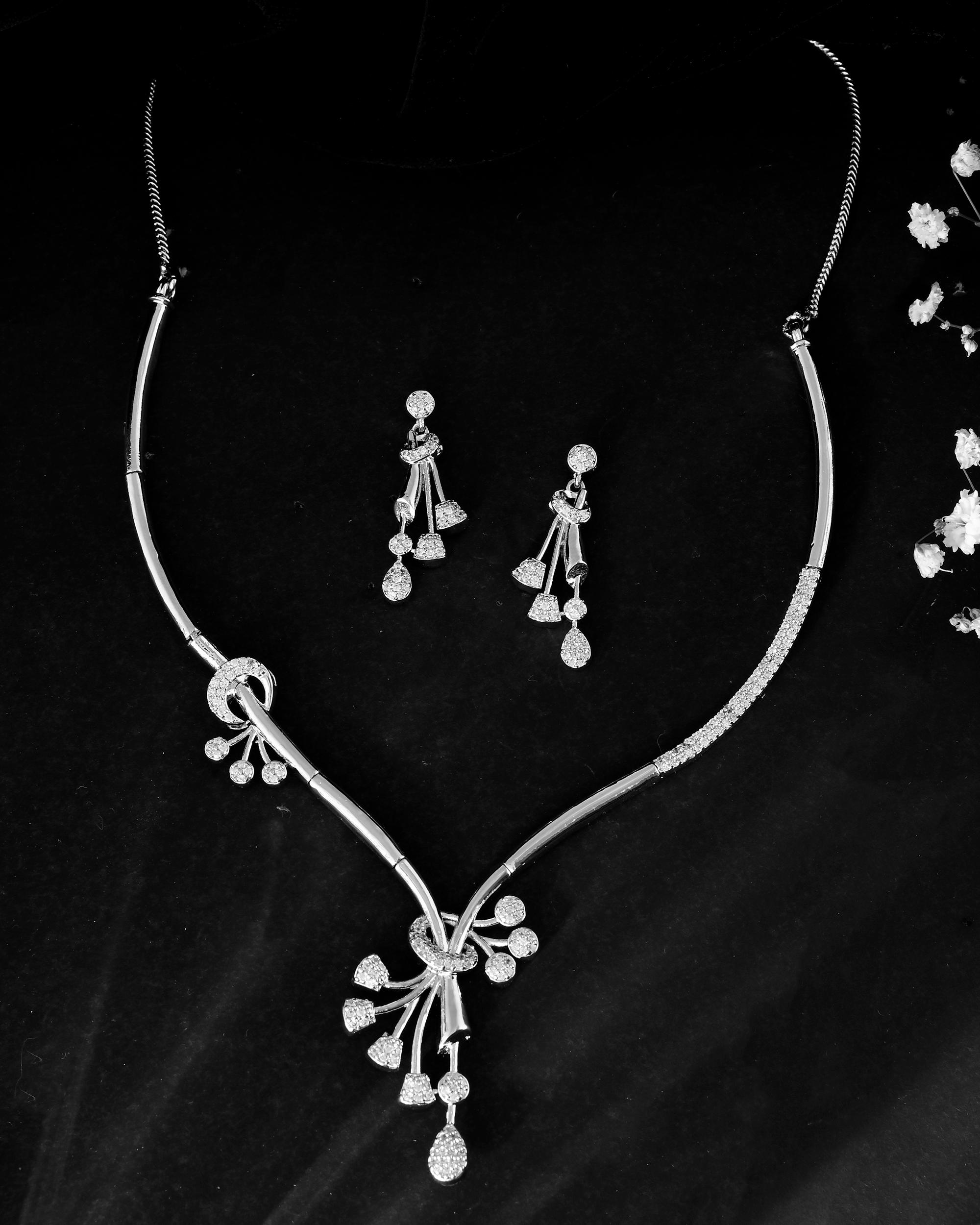 VOJ Silver Plated Ad Stone Studded Designer Necklace With Earrings Set - Distacart