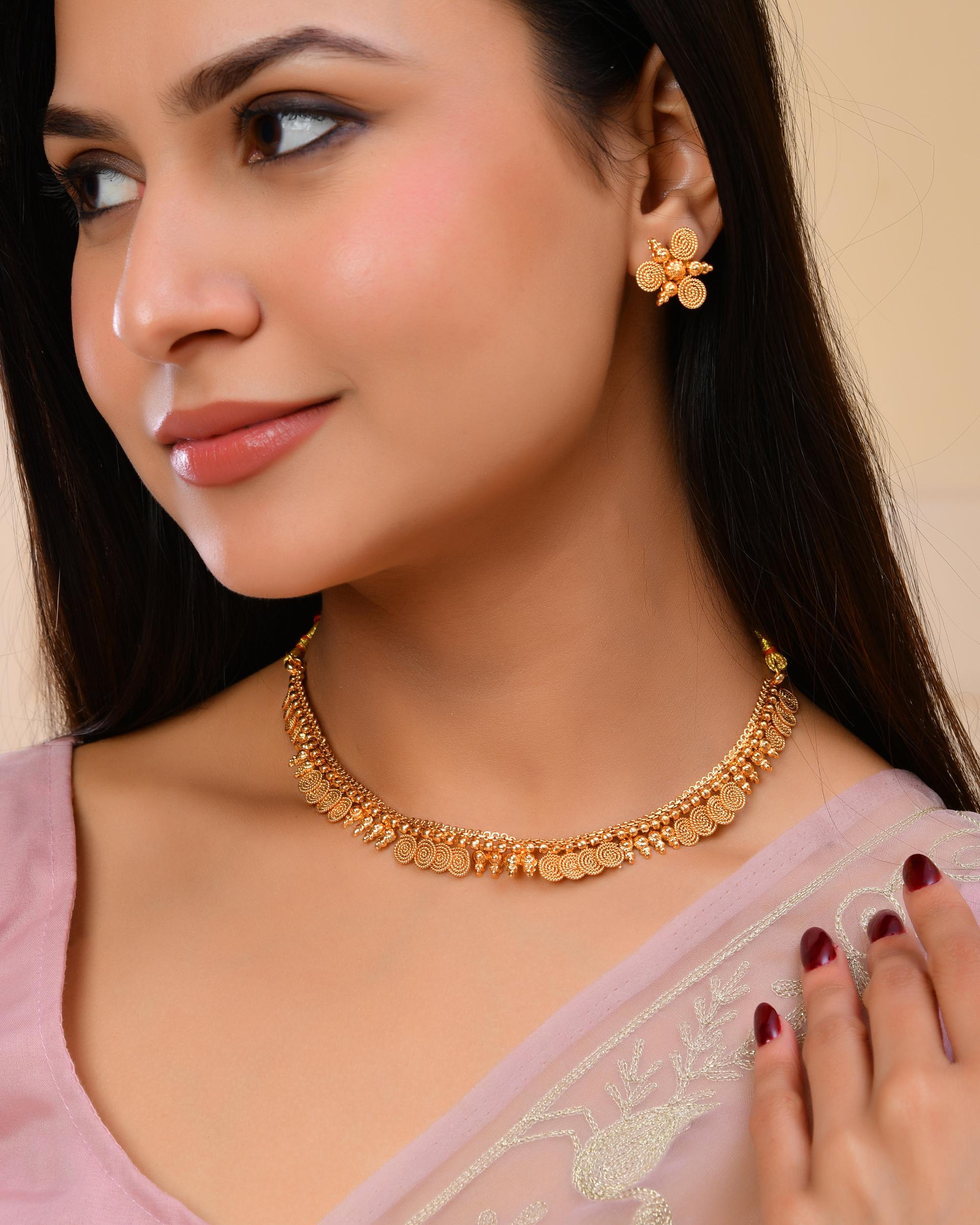 VOJ Gold-Polished Round Designed Necklace With Earrings Set - Distacart