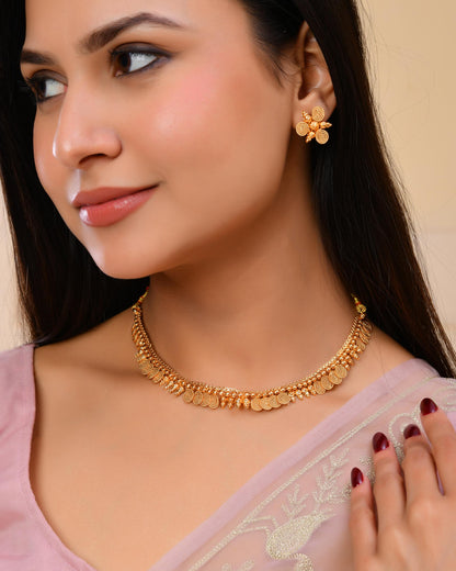 VOJ Gold-Polished Round Designed Necklace With Earrings Set - Distacart