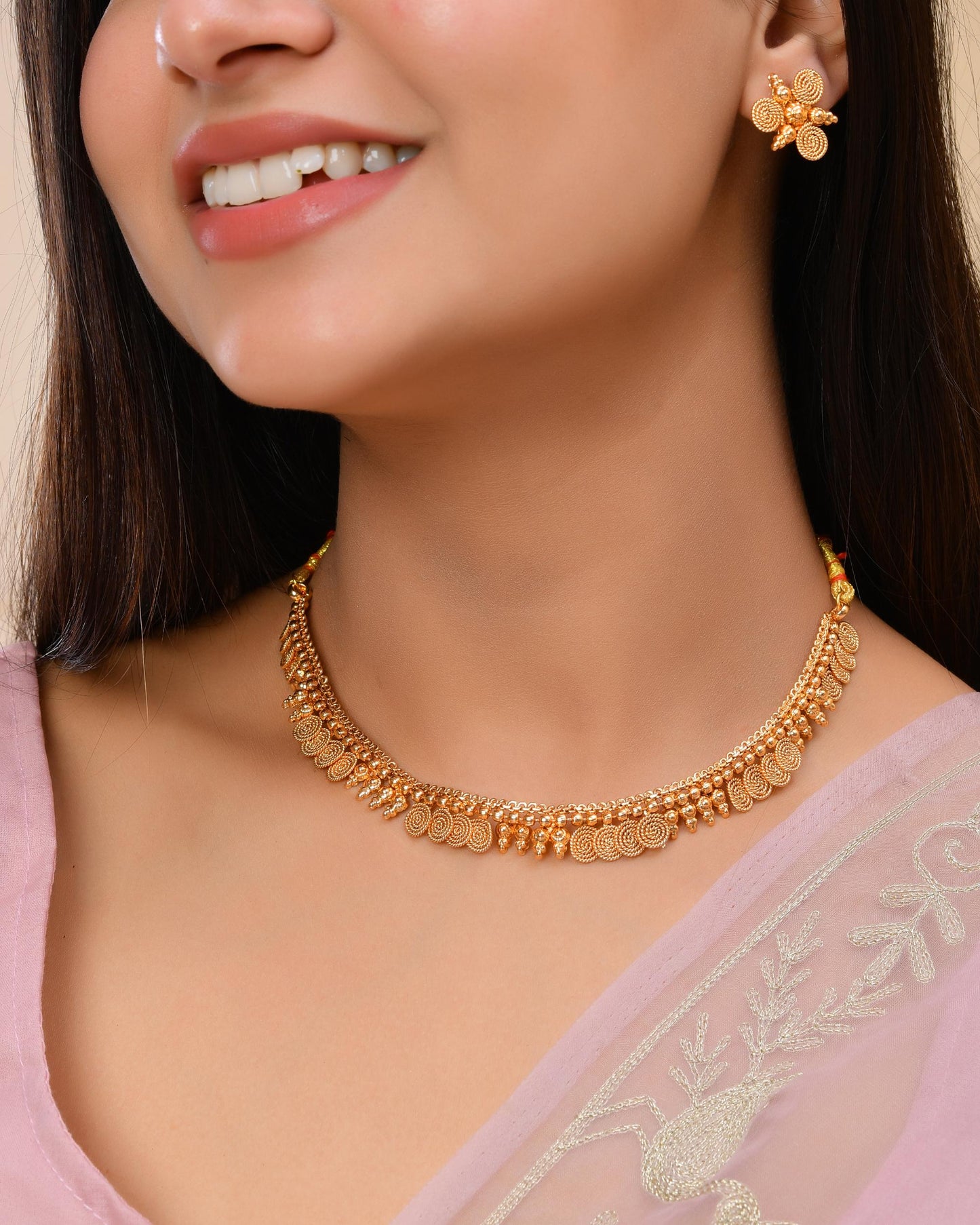 VOJ Gold-Polished Round Designed Necklace With Earrings Set - Distacart