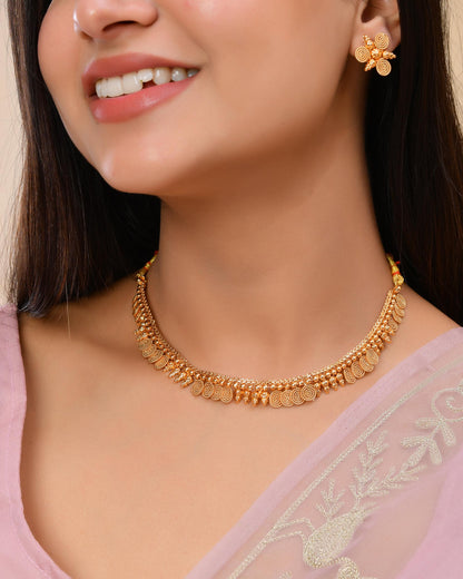 VOJ Gold-Polished Round Designed Necklace With Earrings Set - Distacart
