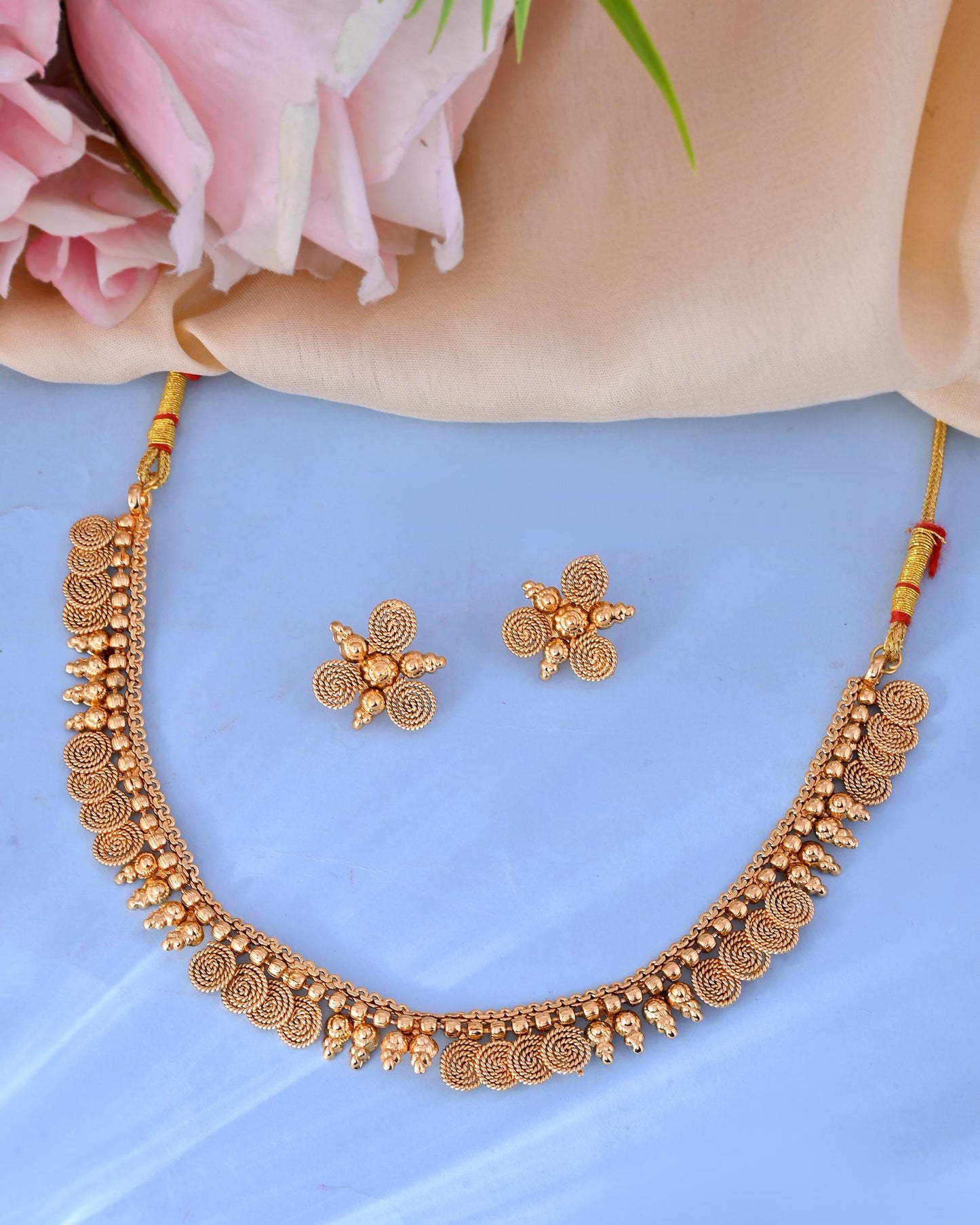 VOJ Gold-Polished Round Designed Necklace With Earrings Set - Distacart