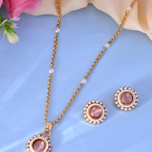 VOJ Gold-Polished Pink Stone Studded Chain Set - Distacart
