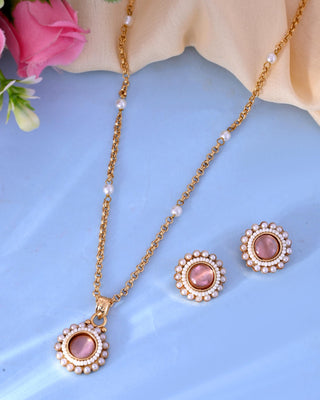 VOJ Gold-Polished Pink Stone Studded Chain Set - Distacart