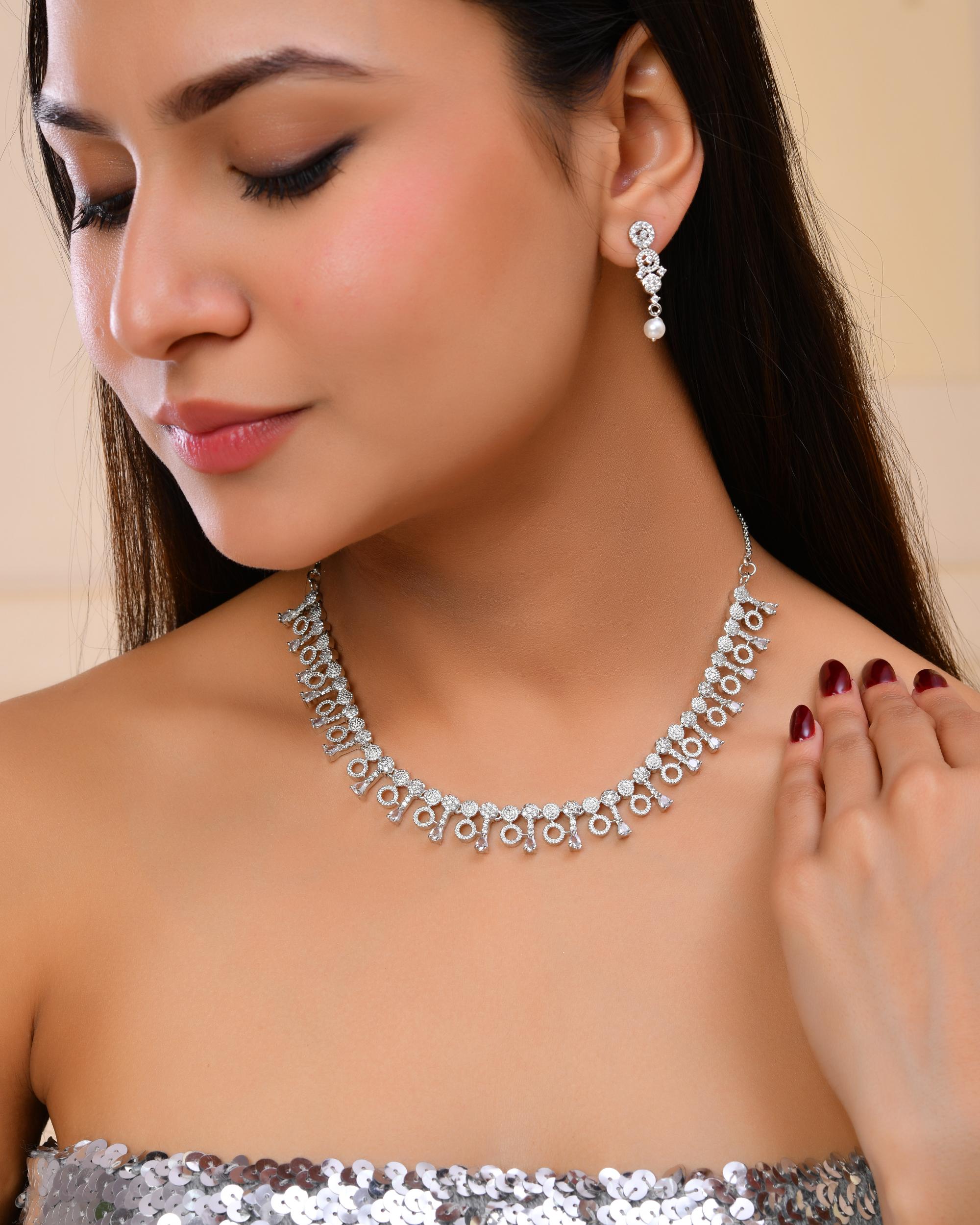 VOJ Silver Plated Ad Stone Studded Geometrical Shaped Necklace And Earrings Set - Distacart