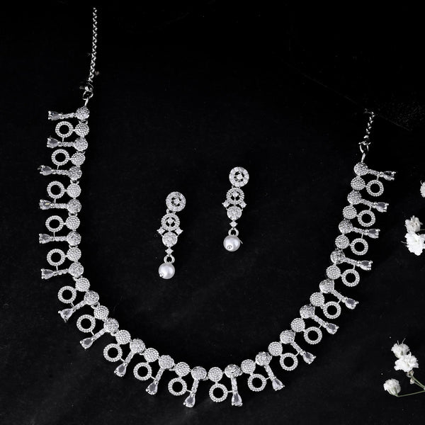 VOJ Silver Plated Ad Stone Studded Geometrical Shaped Necklace And Earrings Set - Distacart