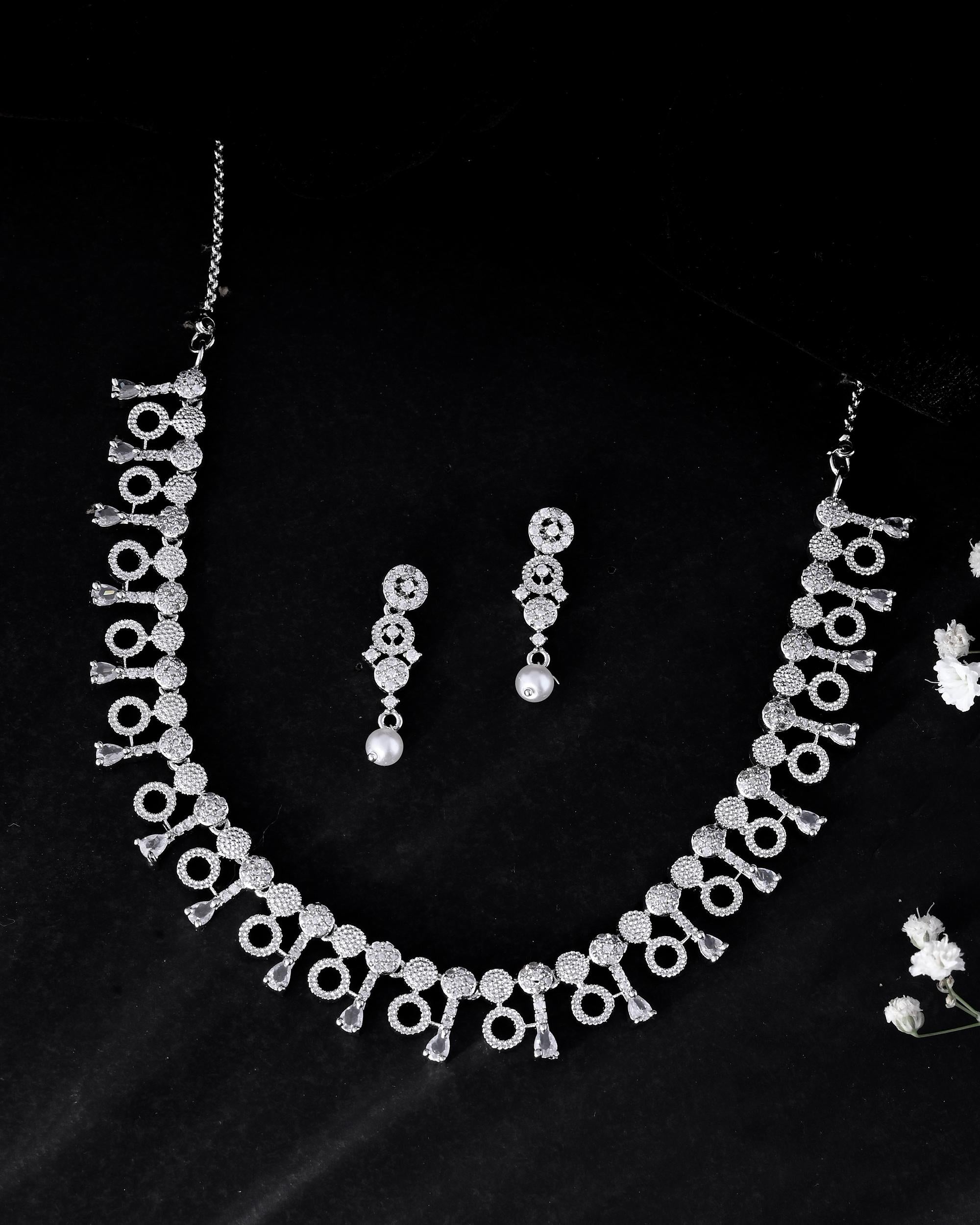 VOJ Silver Plated Ad Stone Studded Geometrical Shaped Necklace And Earrings Set - Distacart