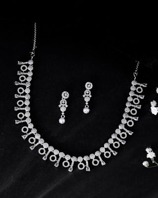 VOJ Silver Plated Ad Stone Studded Geometrical Shaped Necklace And Earrings Set - Distacart