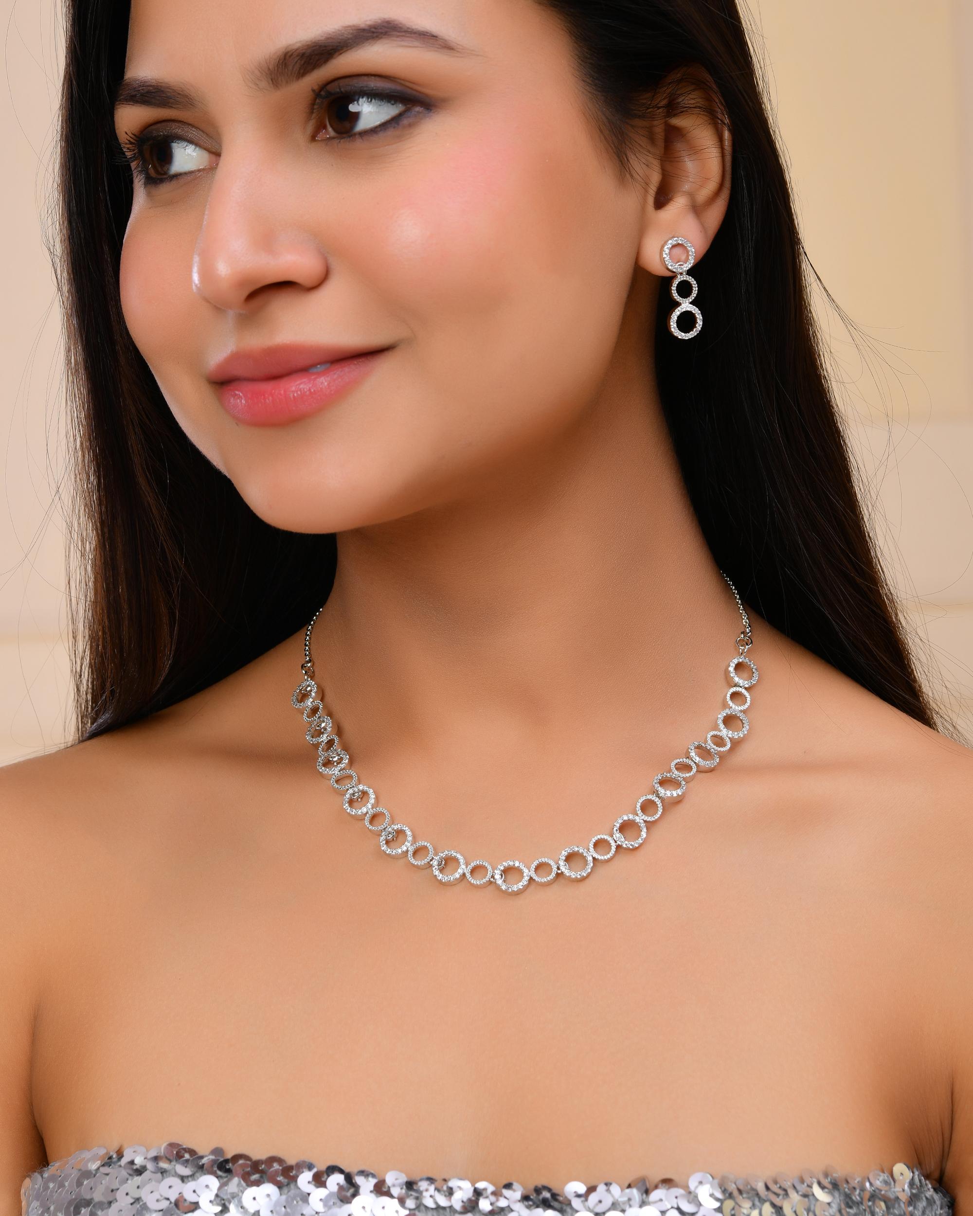 VOJ Silver Plated Ad Stone Studded Round Shaped Necklace And Earrings Set - Distacart