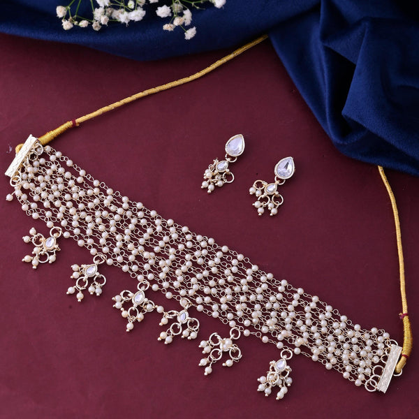 VOJ Gold-Polished Multi Layered Pearl Choker With Earrings Set - Distacart