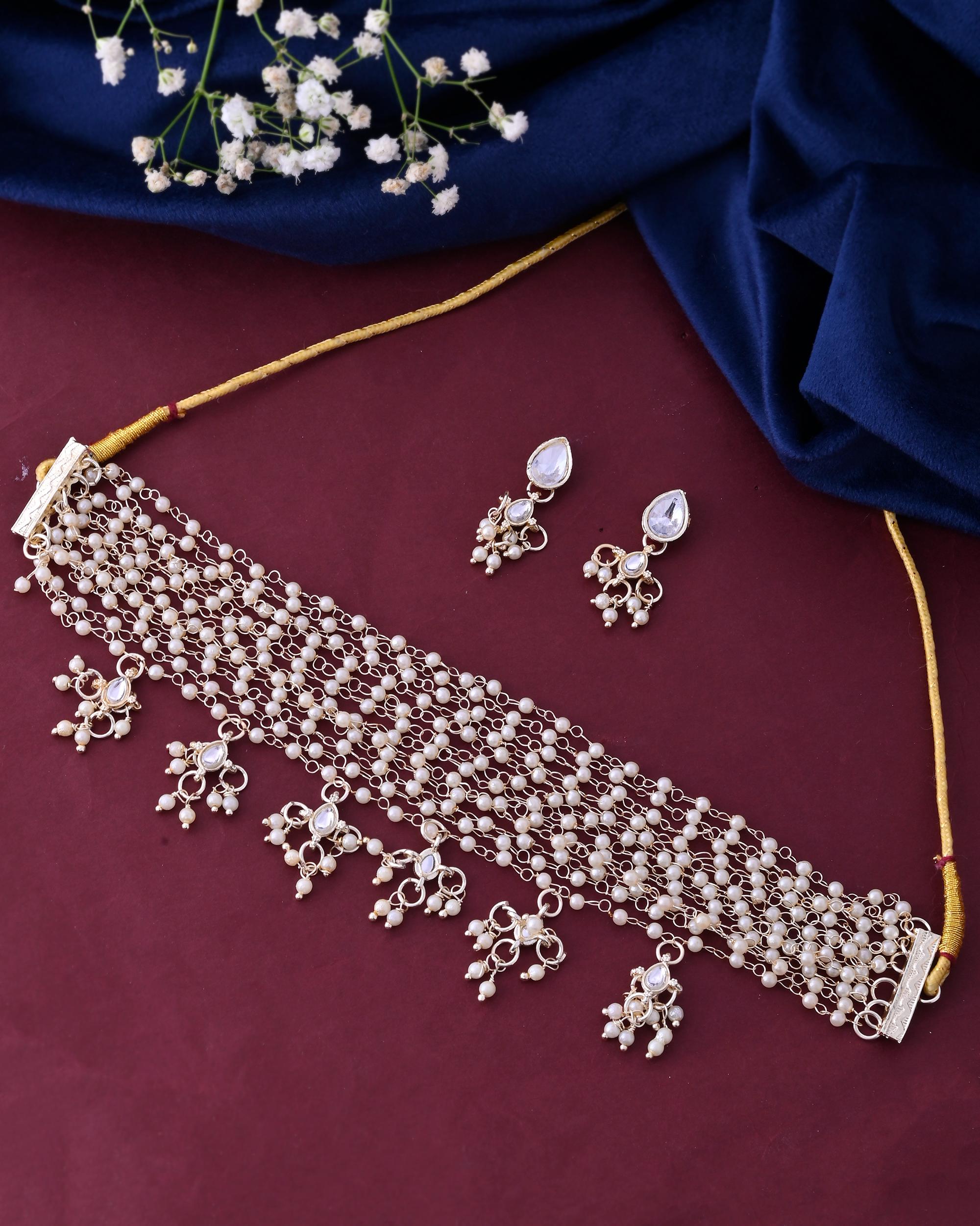 VOJ Gold-Polished Multi Layered Pearl Choker With Earrings Set - Distacart