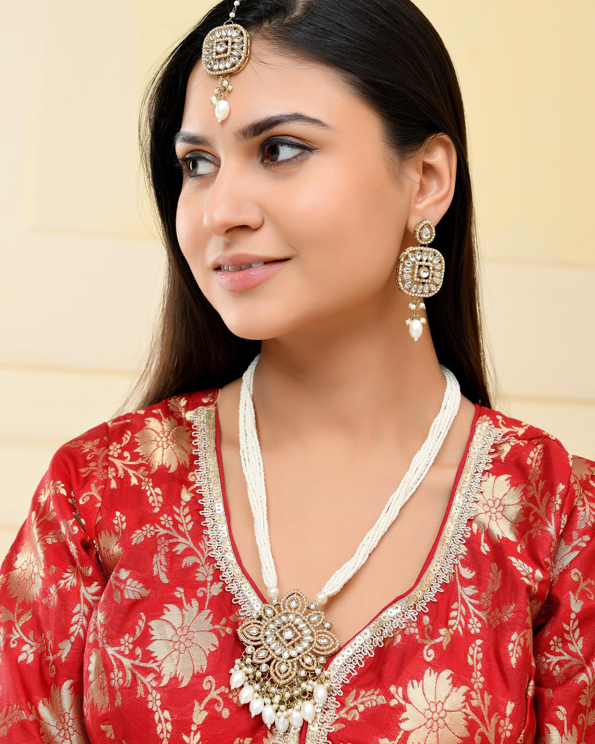 VOJ Gold-Polished Kundan Stone Studded Long Jewellery Set - Distacart