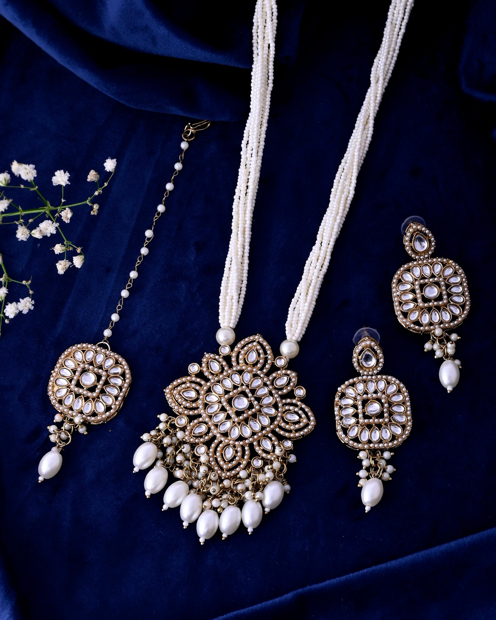 VOJ Gold-Polished Kundan Stone Studded Long Jewellery Set - Distacart