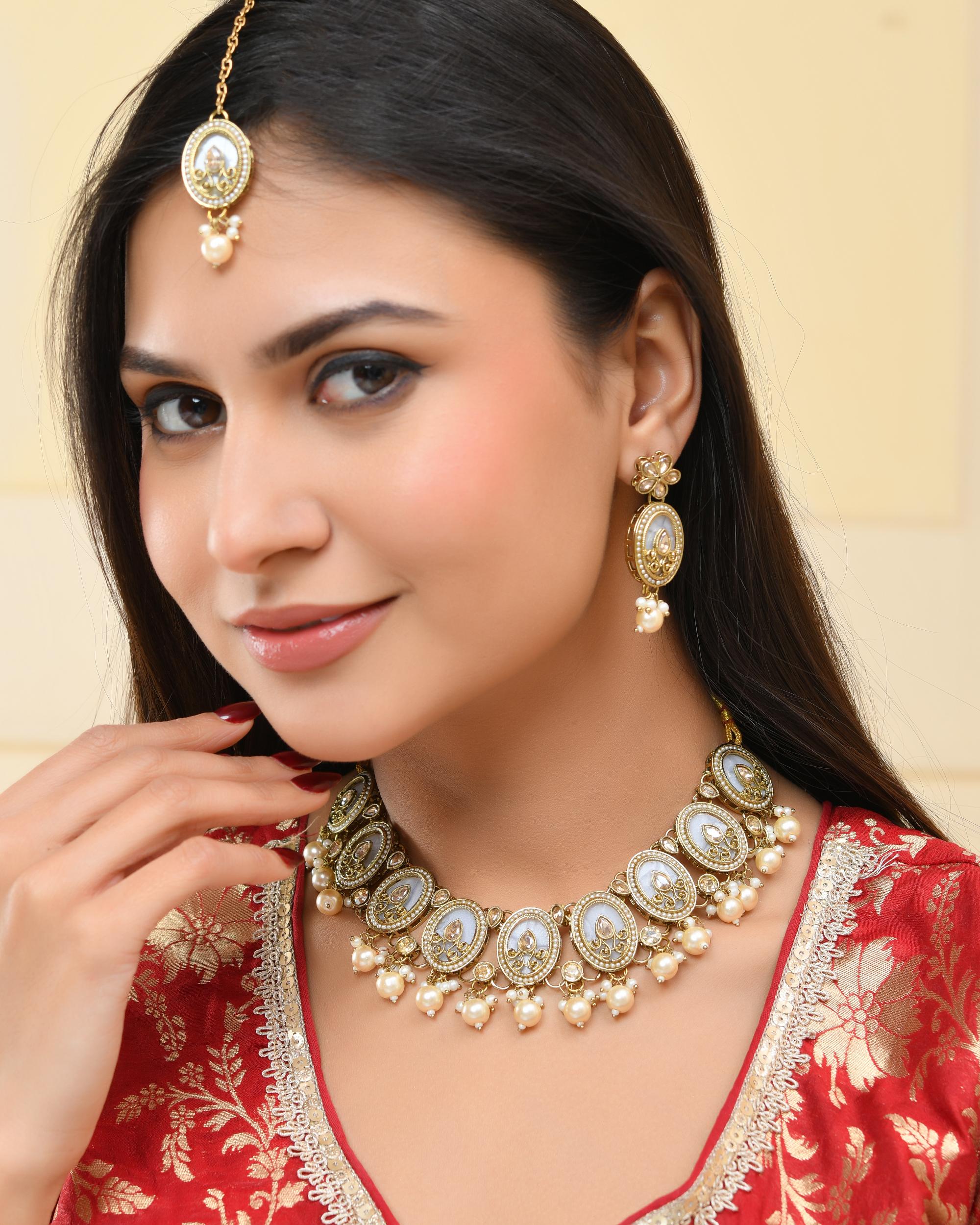 VOJ Gold-Polished Kundan Stone Studded White Necklace With Maang Tikka And Earrings Set - Distacart