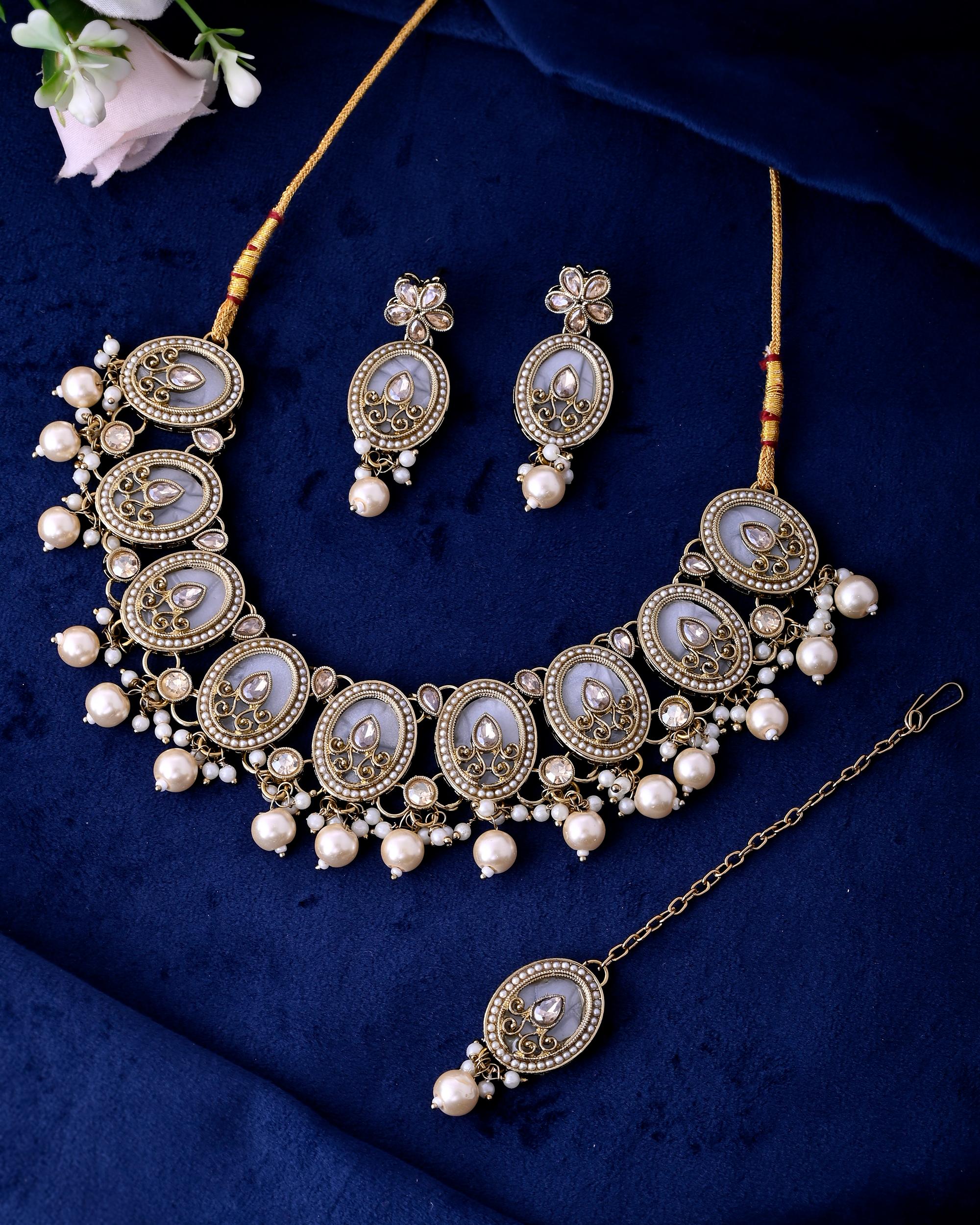 VOJ Gold-Polished Kundan Stone Studded White Necklace With Maang Tikka And Earrings Set - Distacart