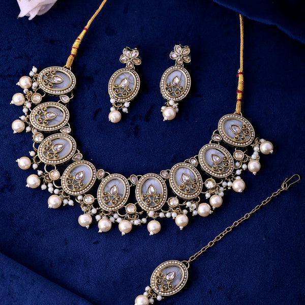 VOJ Gold-Polished Kundan Stone Studded White Necklace With Maang Tikka And Earrings Set - Distacart