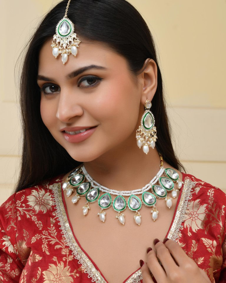 VOJ Gold-Polished White Kundan Stone Studded Choker With Earrings And Maang Tikka Set - Distacart