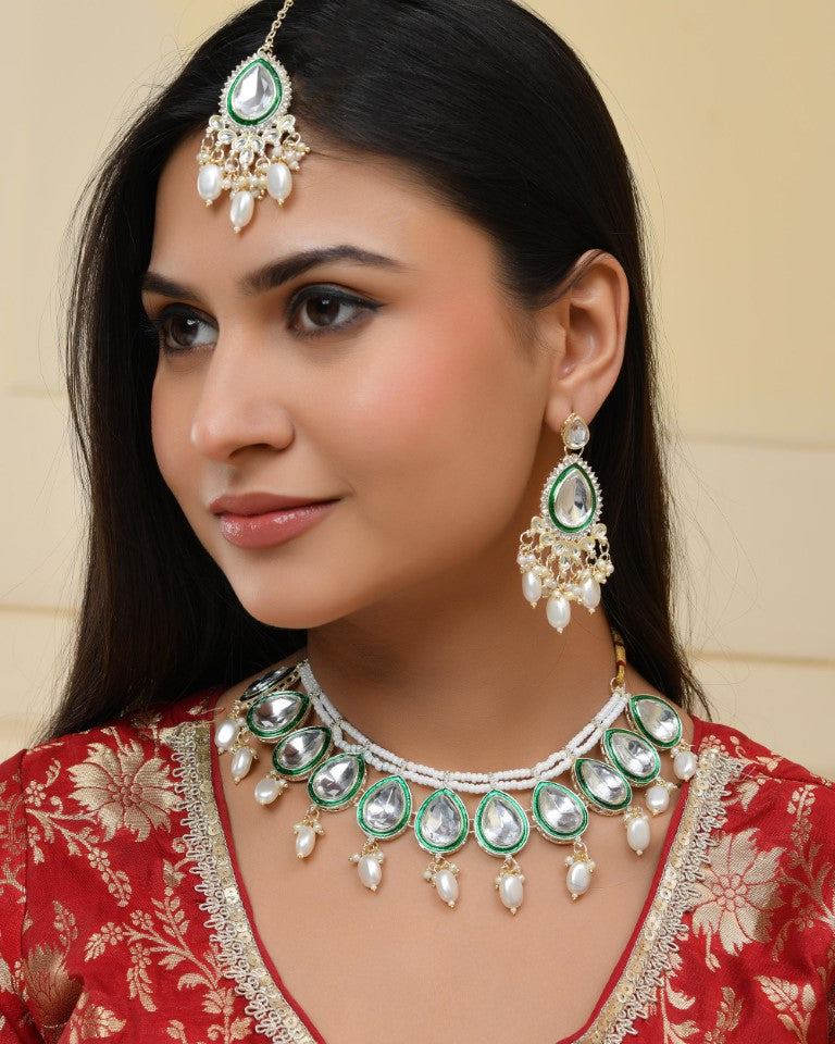 VOJ Gold-Polished White Kundan Stone Studded Choker With Earrings And Maang Tikka Set - Distacart