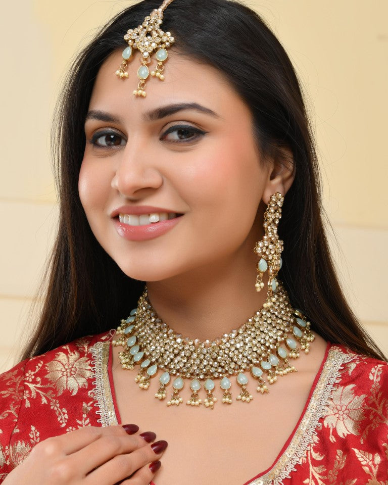 VOJ Gold And Sea Green Stone Studded Classic Choker Set - Distacart