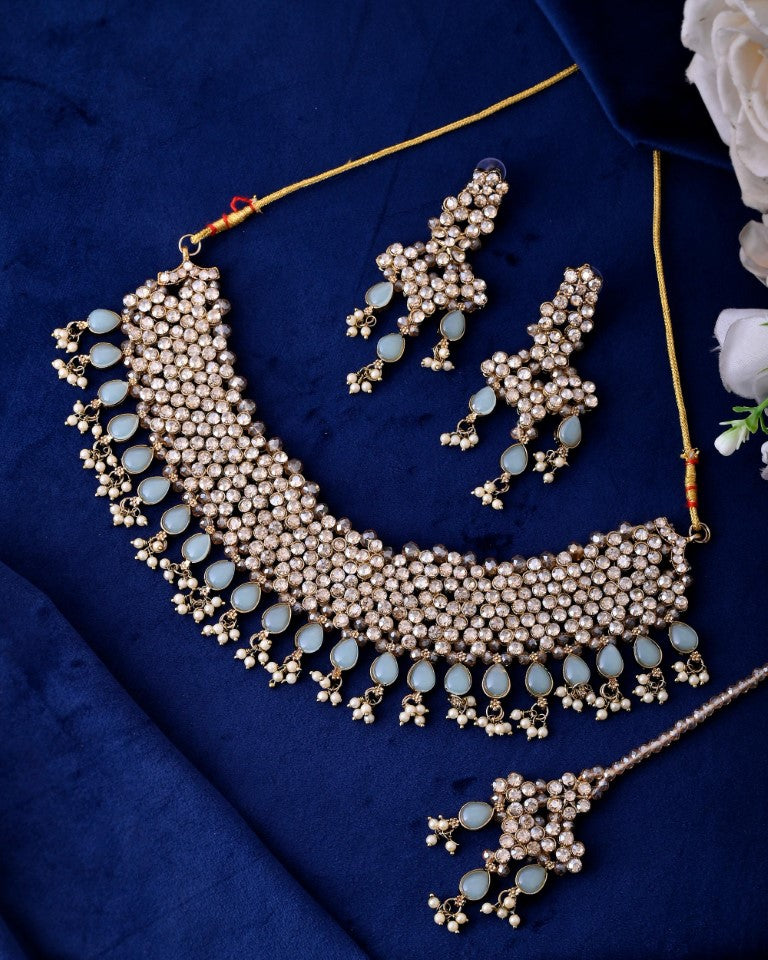 VOJ Gold And Sea Green Stone Studded Classic Choker Set - Distacart